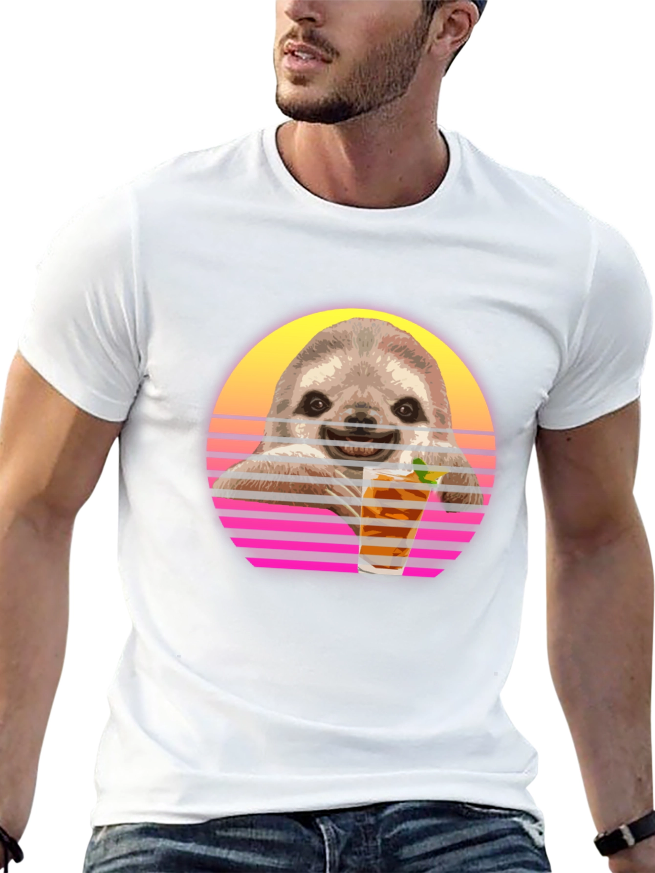 Retro Sloth Sipping T-Shirt - Black