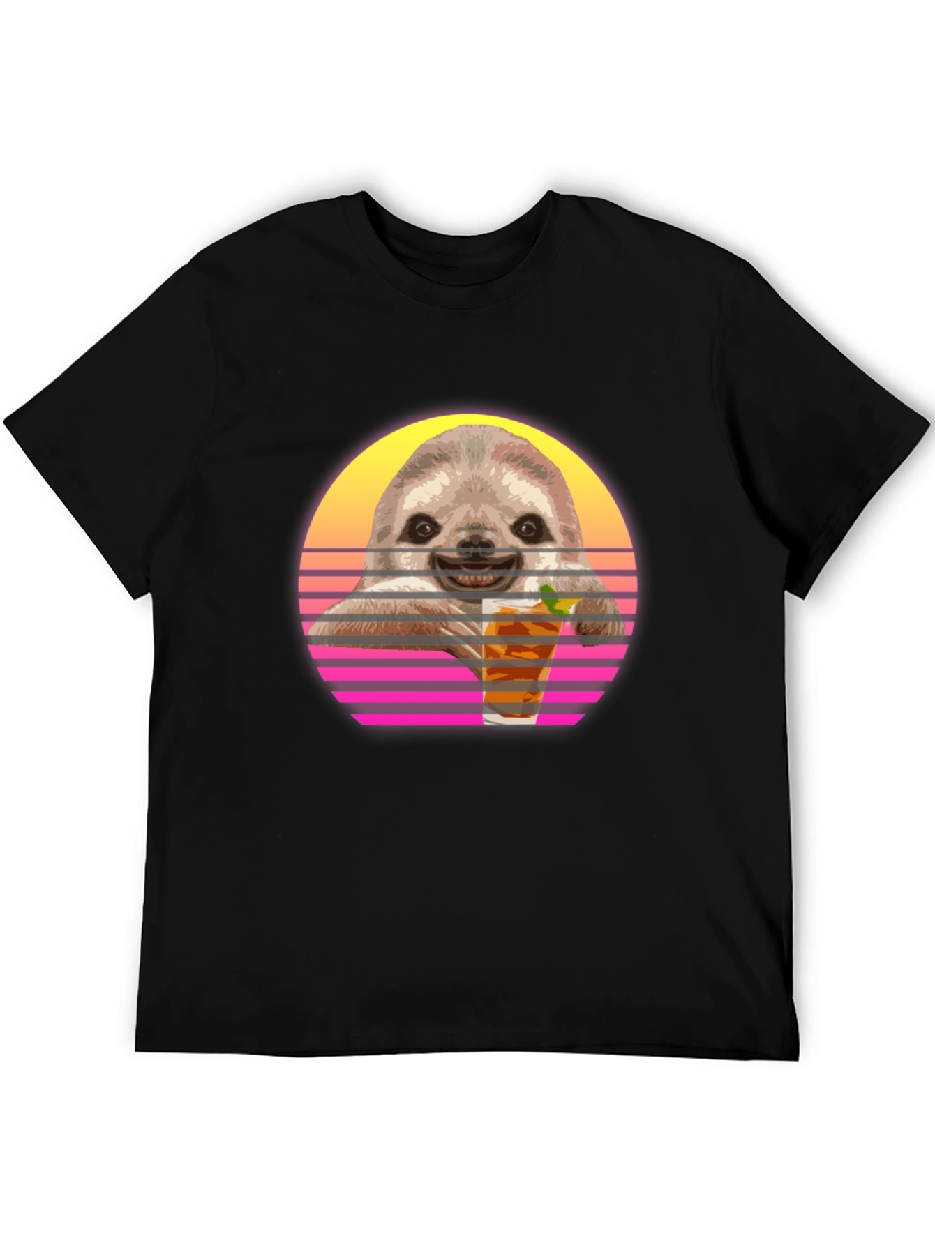 Retro Sloth Sipping T-Shirt - Black