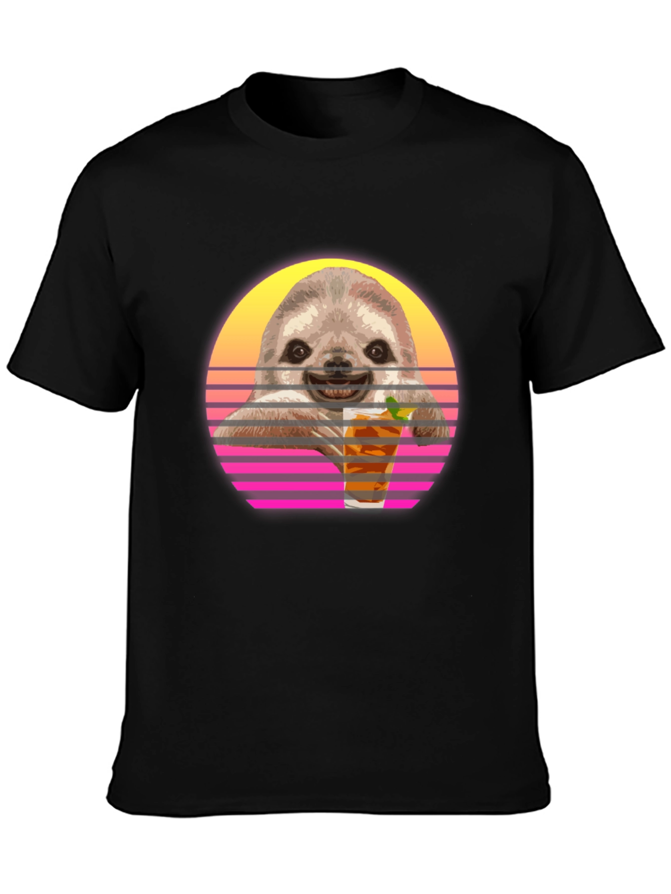 Retro Sloth Sipping T-Shirt - Black