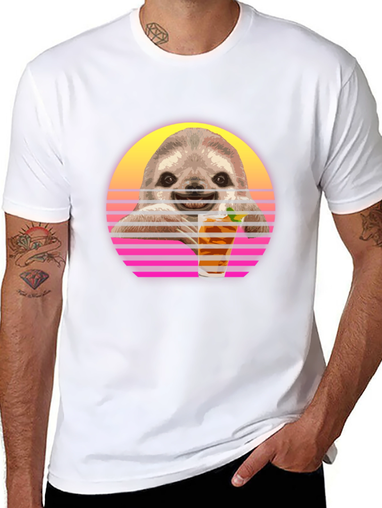 Retro Sloth Sipping T-Shirt - Black