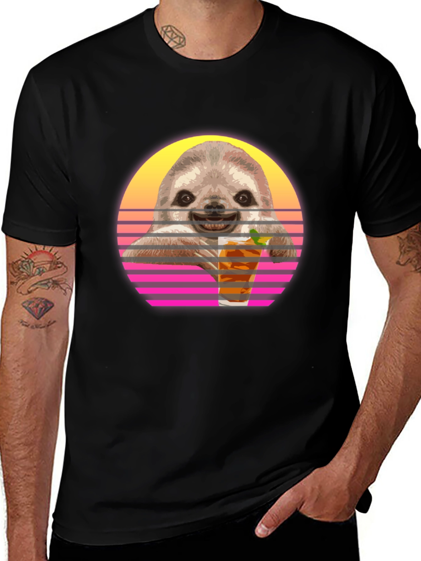 Retro Sloth Sipping T-Shirt - Black