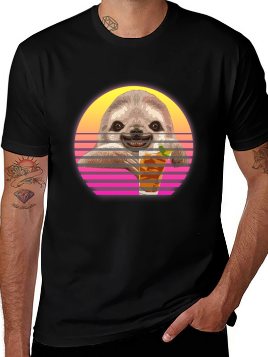 Retro Sloth Sipping T-Shirt - Black