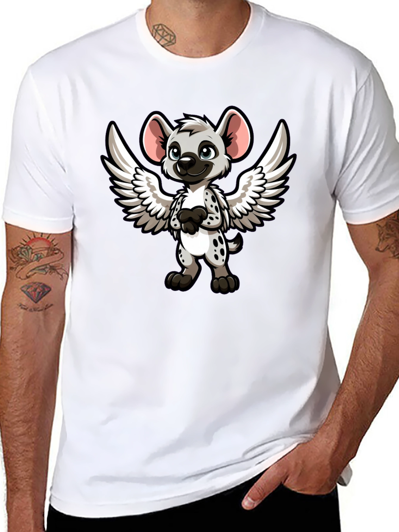 Cartoon Hyena Angel Wings Black T-Shirt