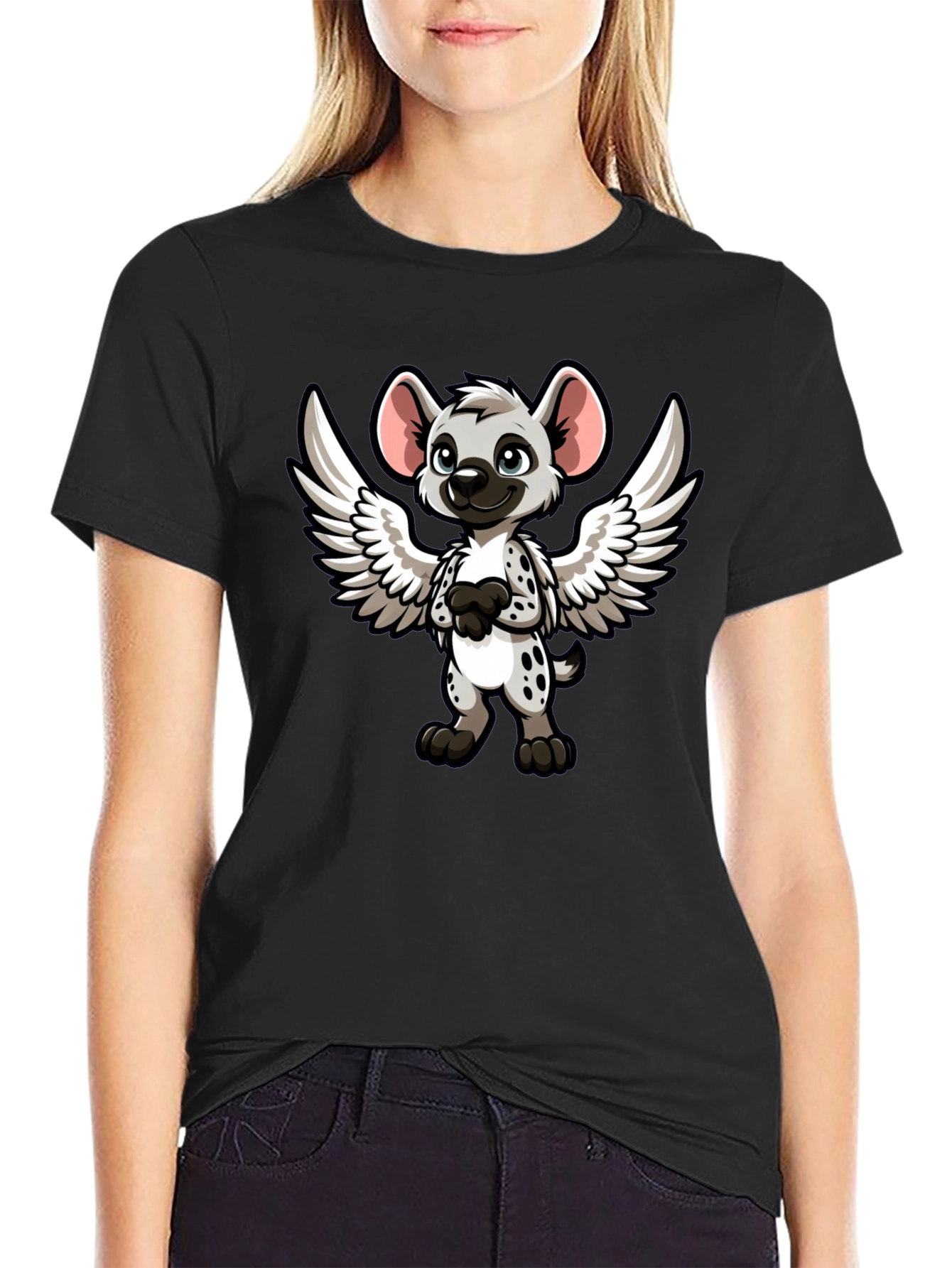 Cartoon Hyena Angel Wings Black T-Shirt