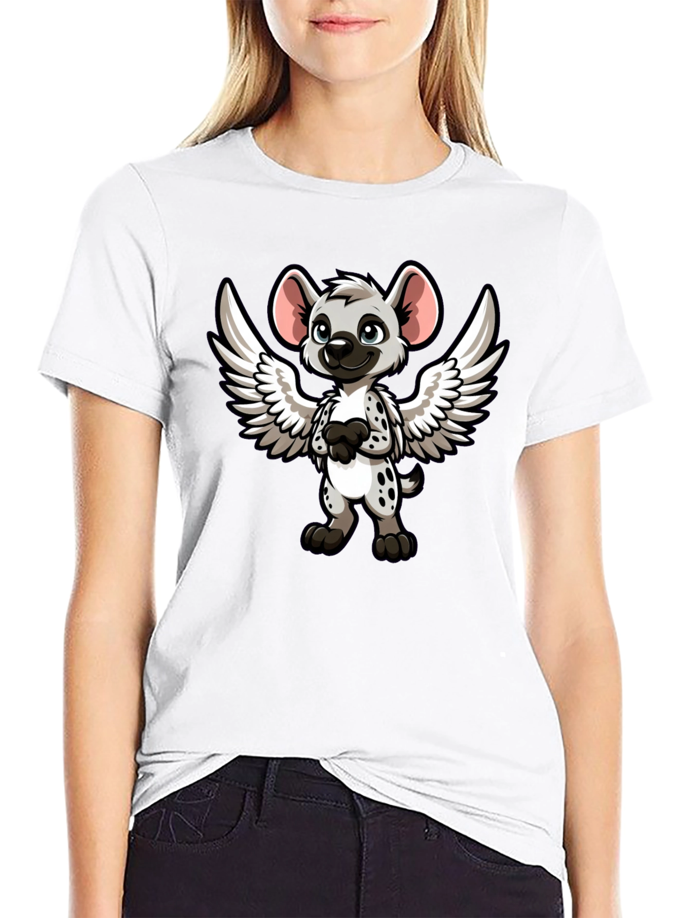 Cartoon Hyena Angel Wings Black T-Shirt