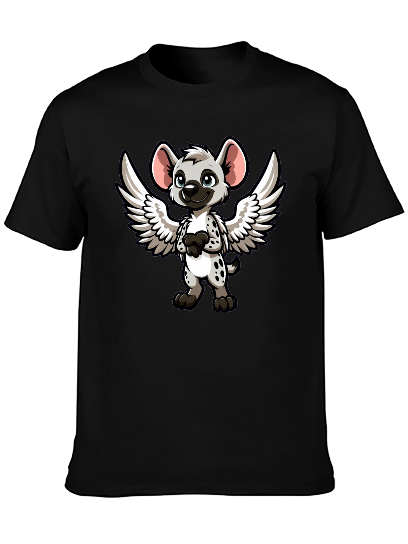 Cartoon Hyena Angel Wings Black T-Shirt