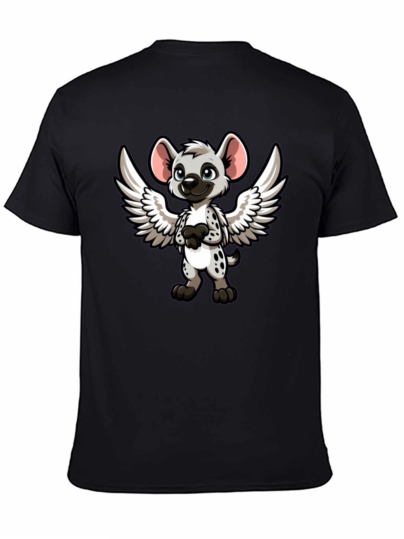 Cartoon Hyena Angel Wings Black T-Shirt