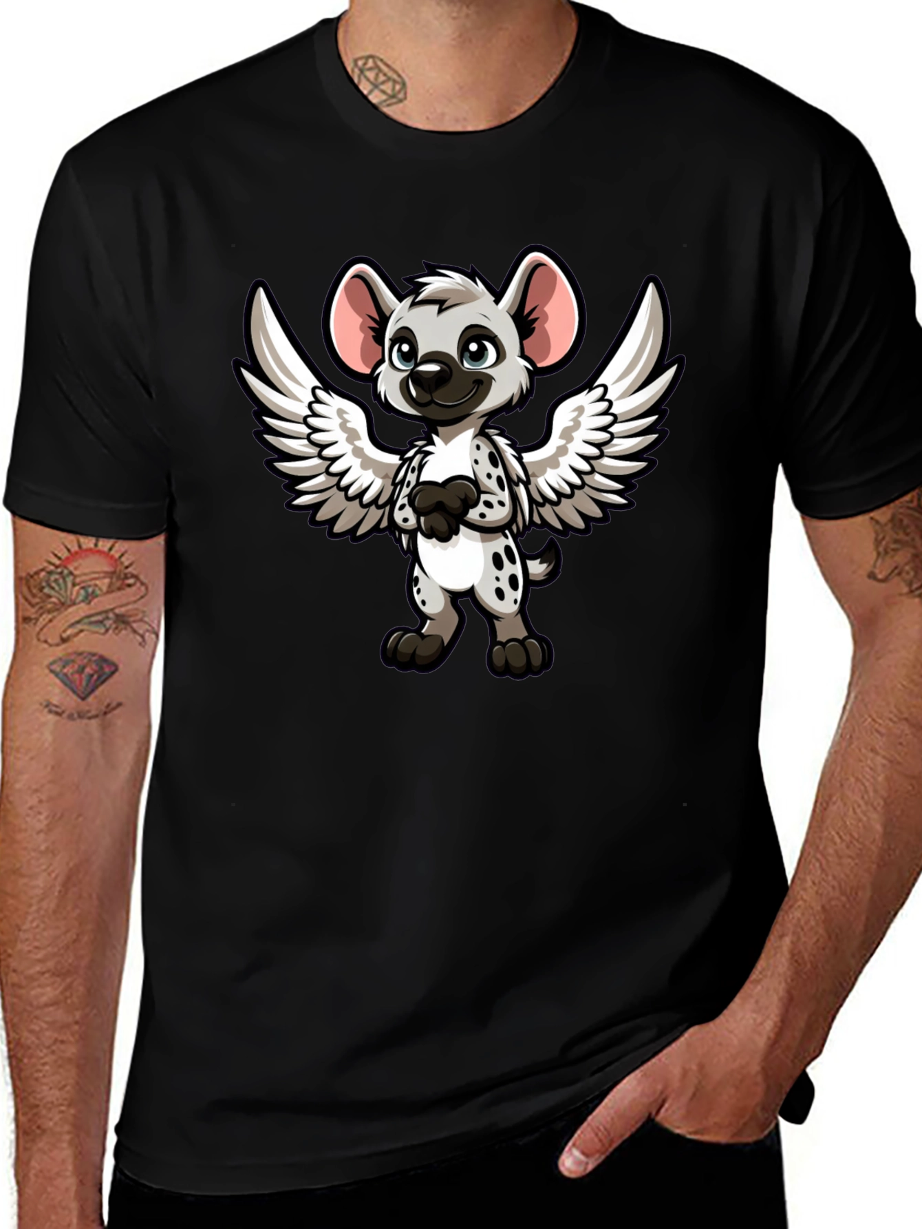 Cartoon Hyena Angel Wings Black T-Shirt
