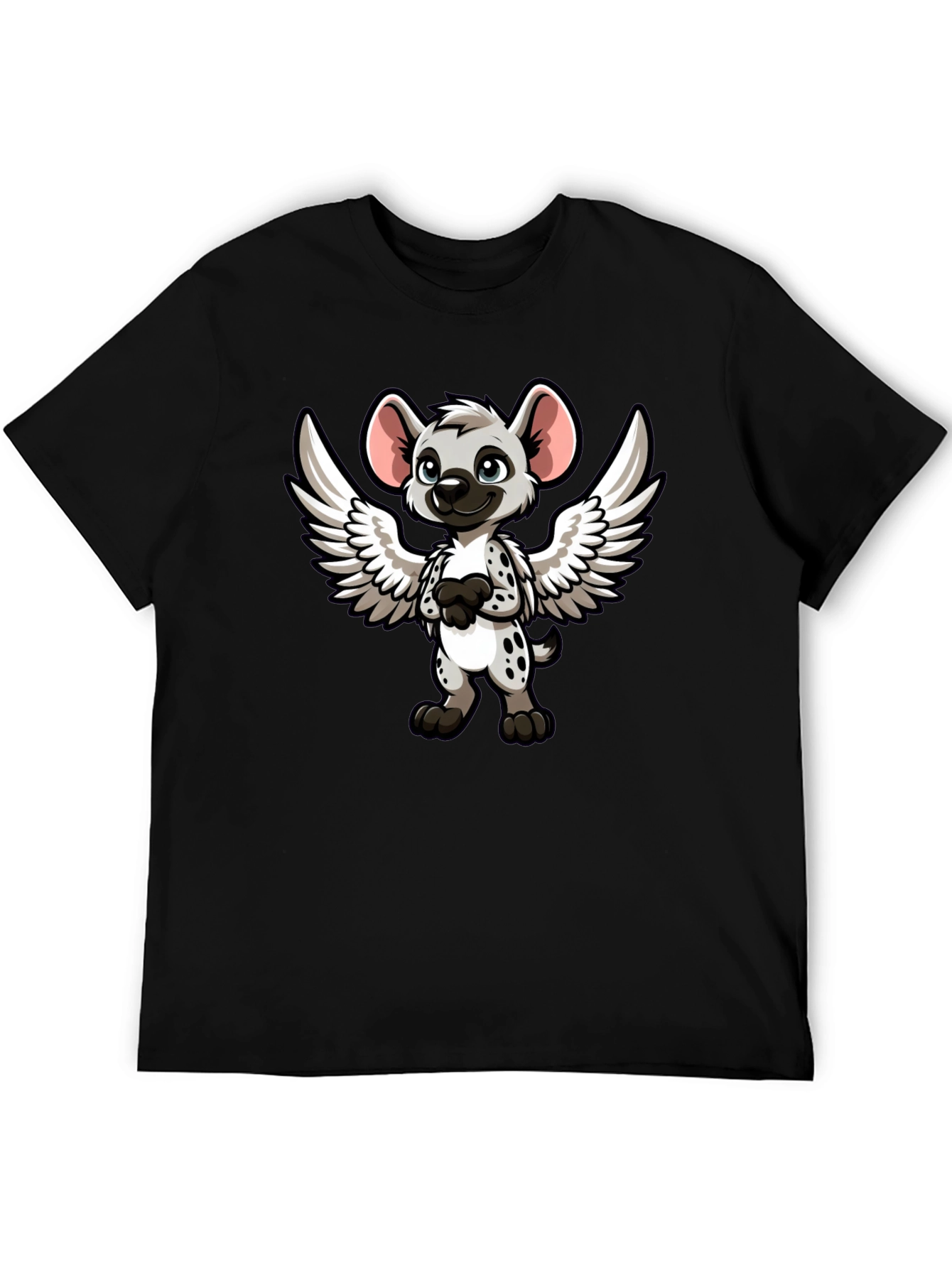 Cartoon Hyena Angel Wings Black T-Shirt