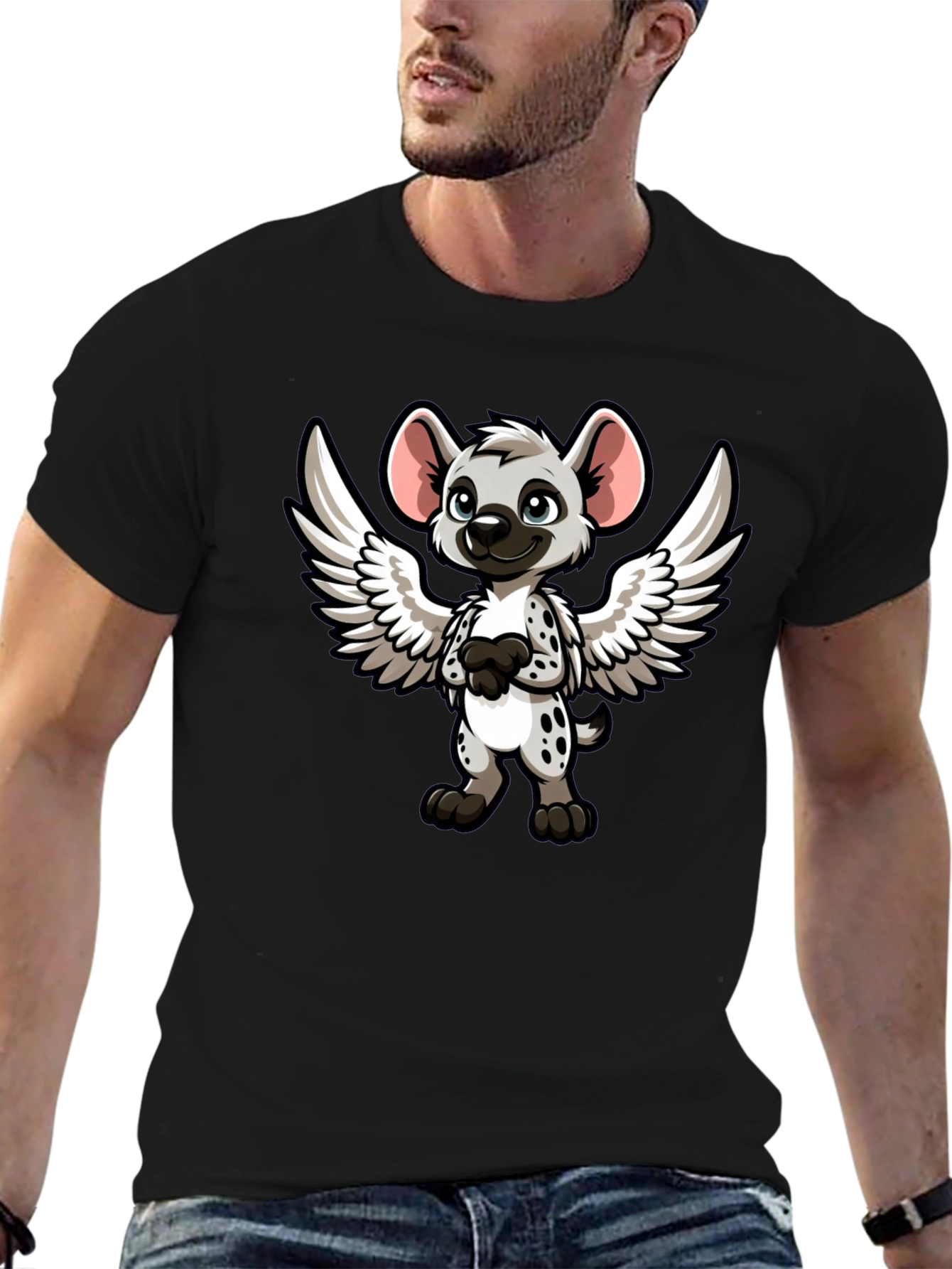 Cartoon Hyena Angel Wings Black T-Shirt