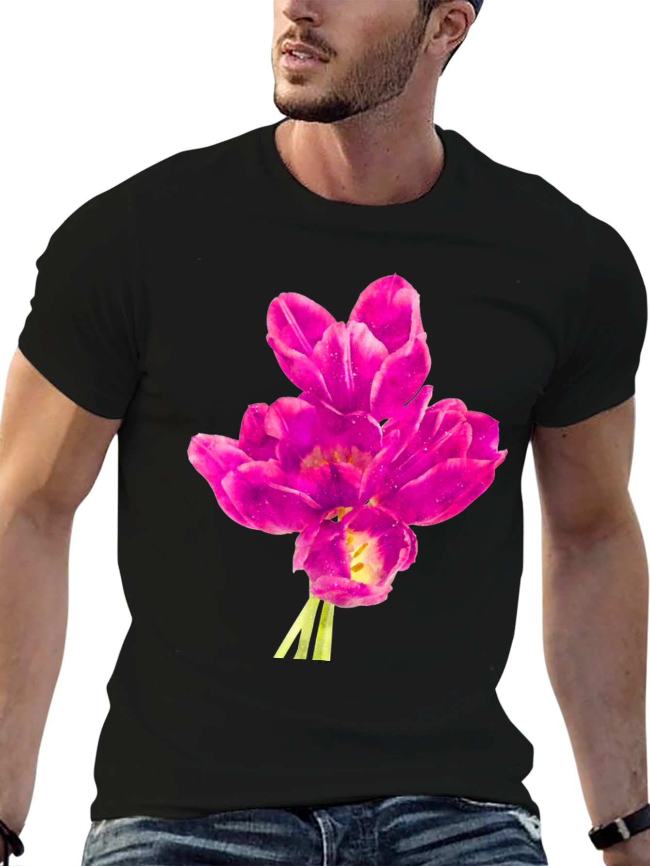 Floral Print Tee - Pink Tulips on Black