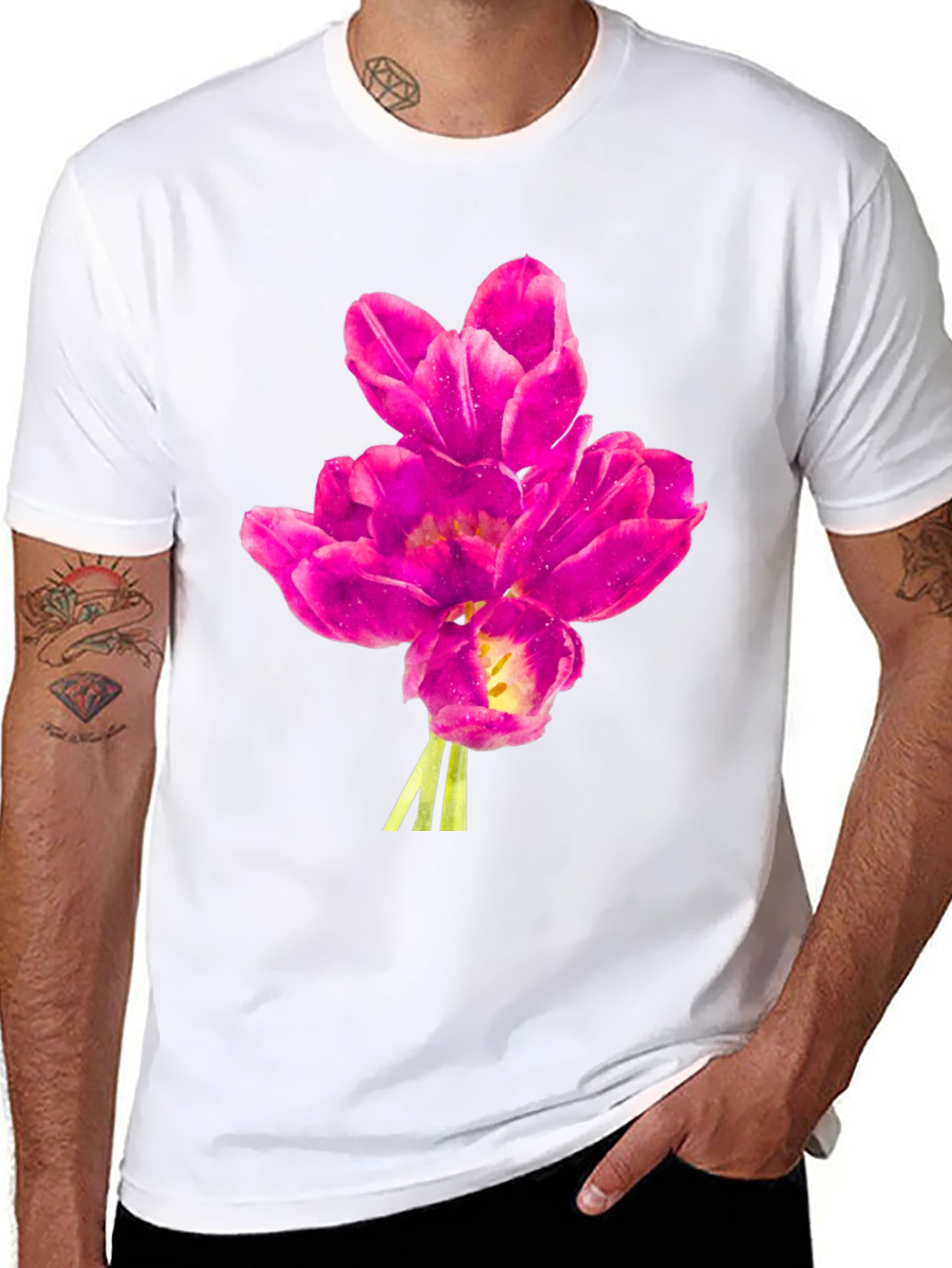 Floral Print Tee - Pink Tulips on Black