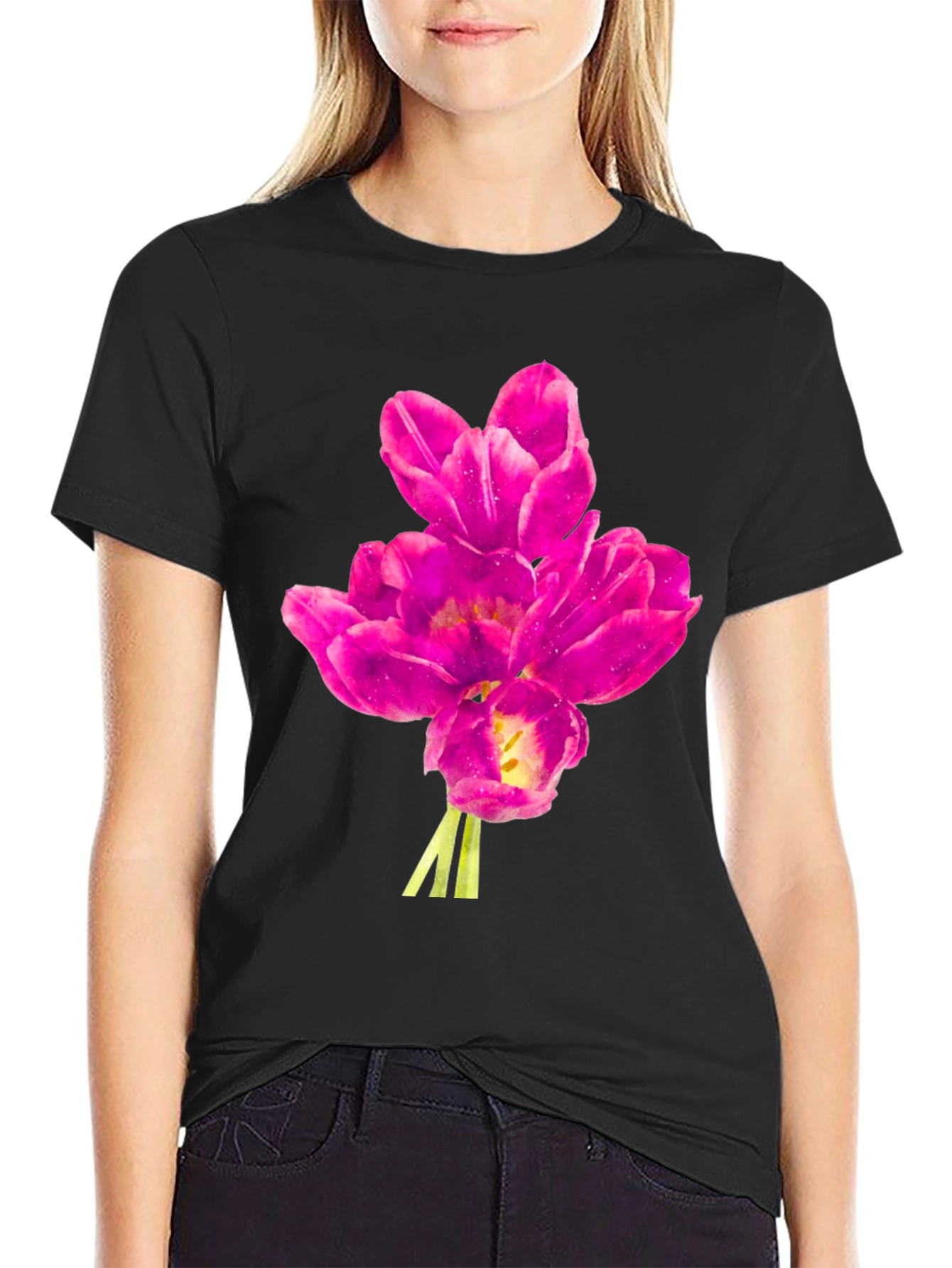 Floral Print Tee - Pink Tulips on Black