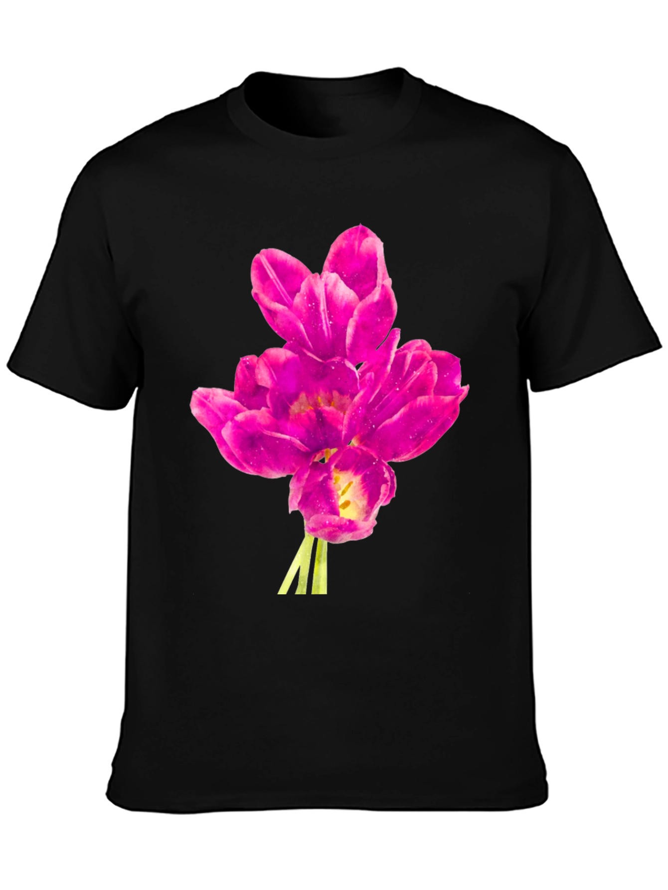 Floral Print Tee - Pink Tulips on Black