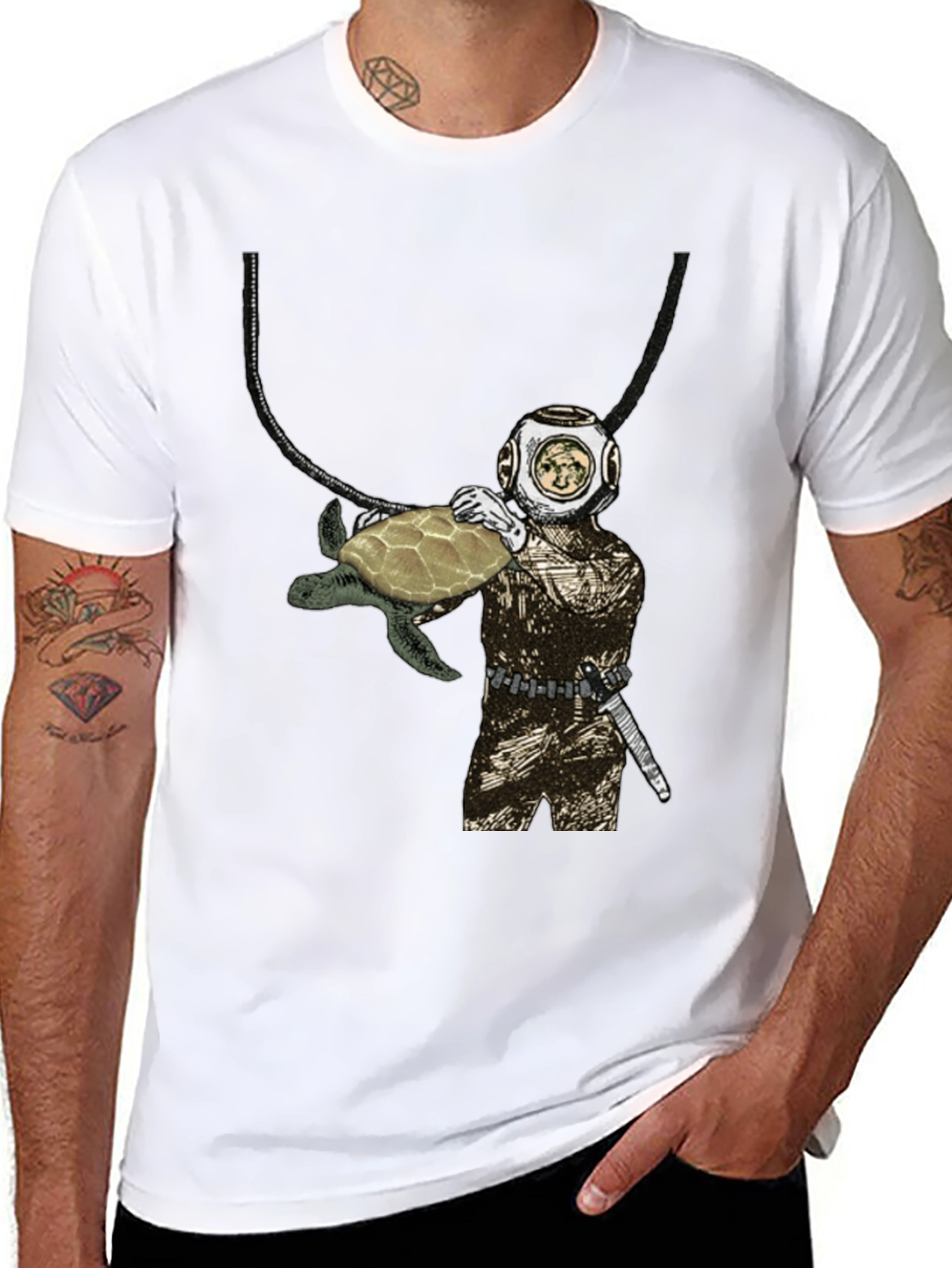 Diver and Turtle Graphic T-Shirt