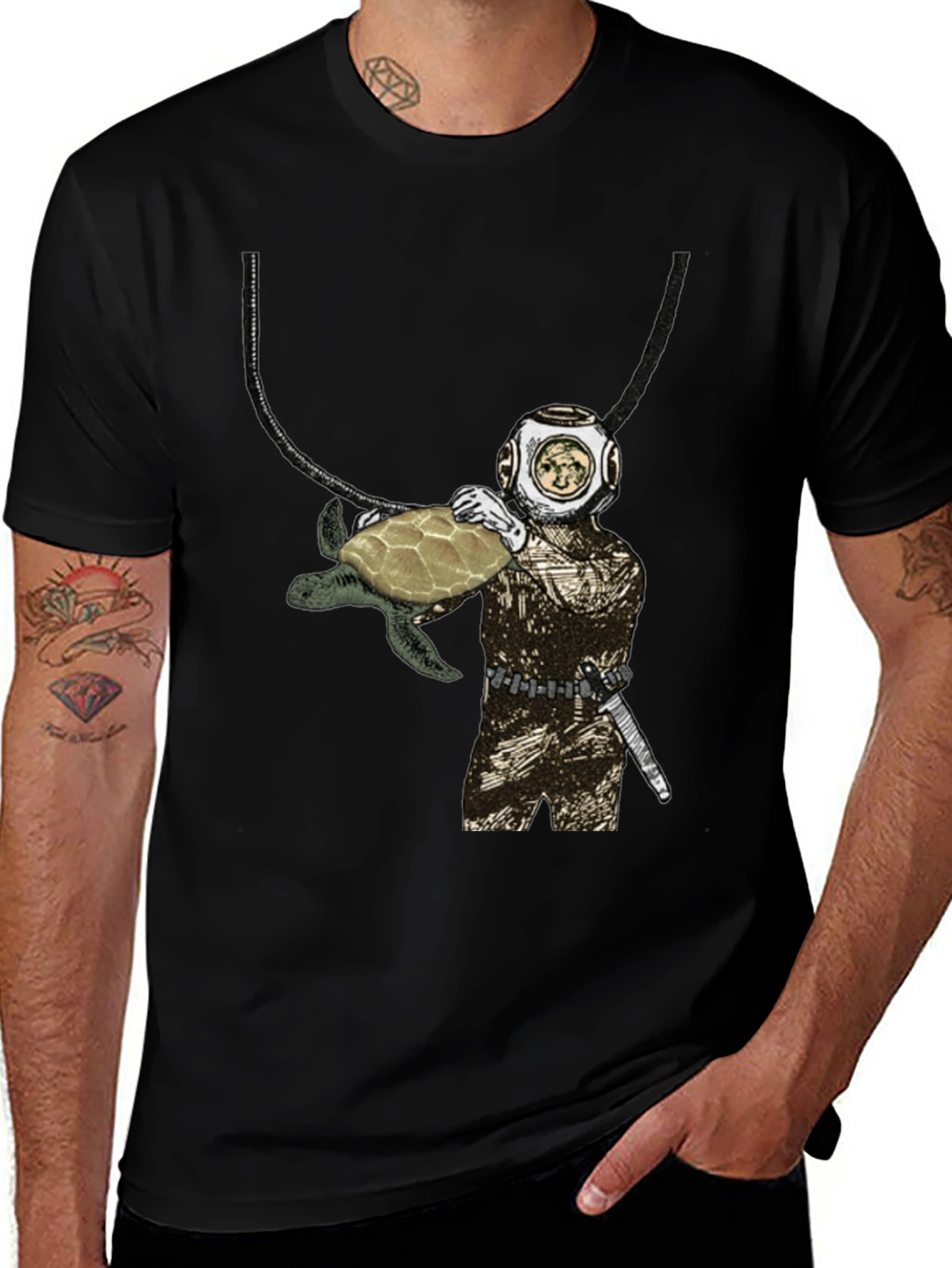 Diver and Turtle Graphic T-Shirt