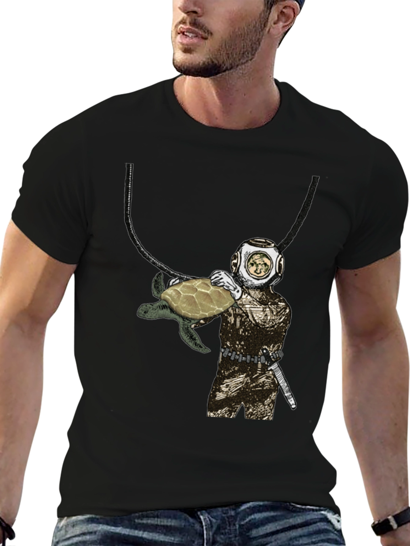 Diver and Turtle Graphic T-Shirt