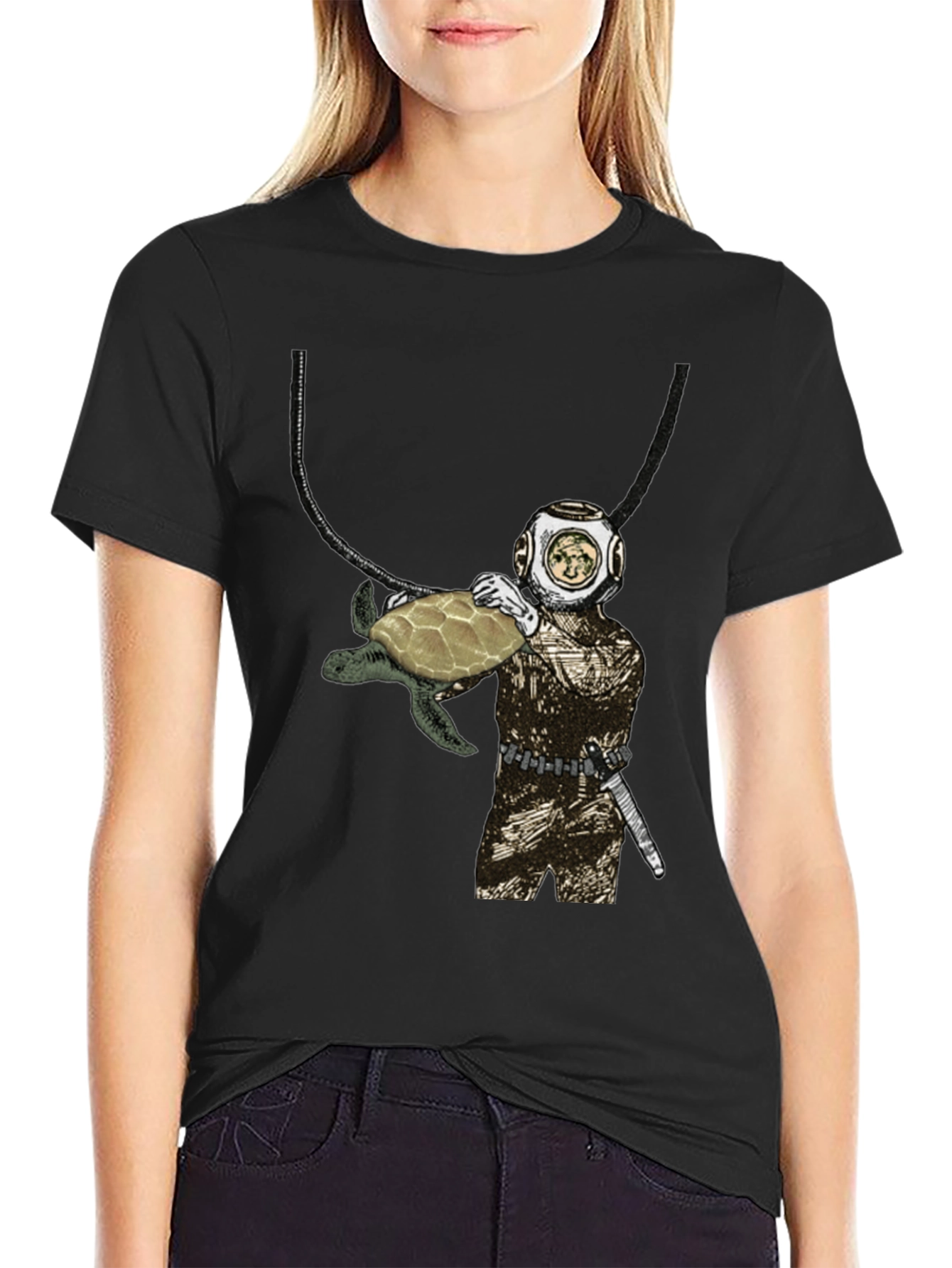 Diver and Turtle Graphic T-Shirt