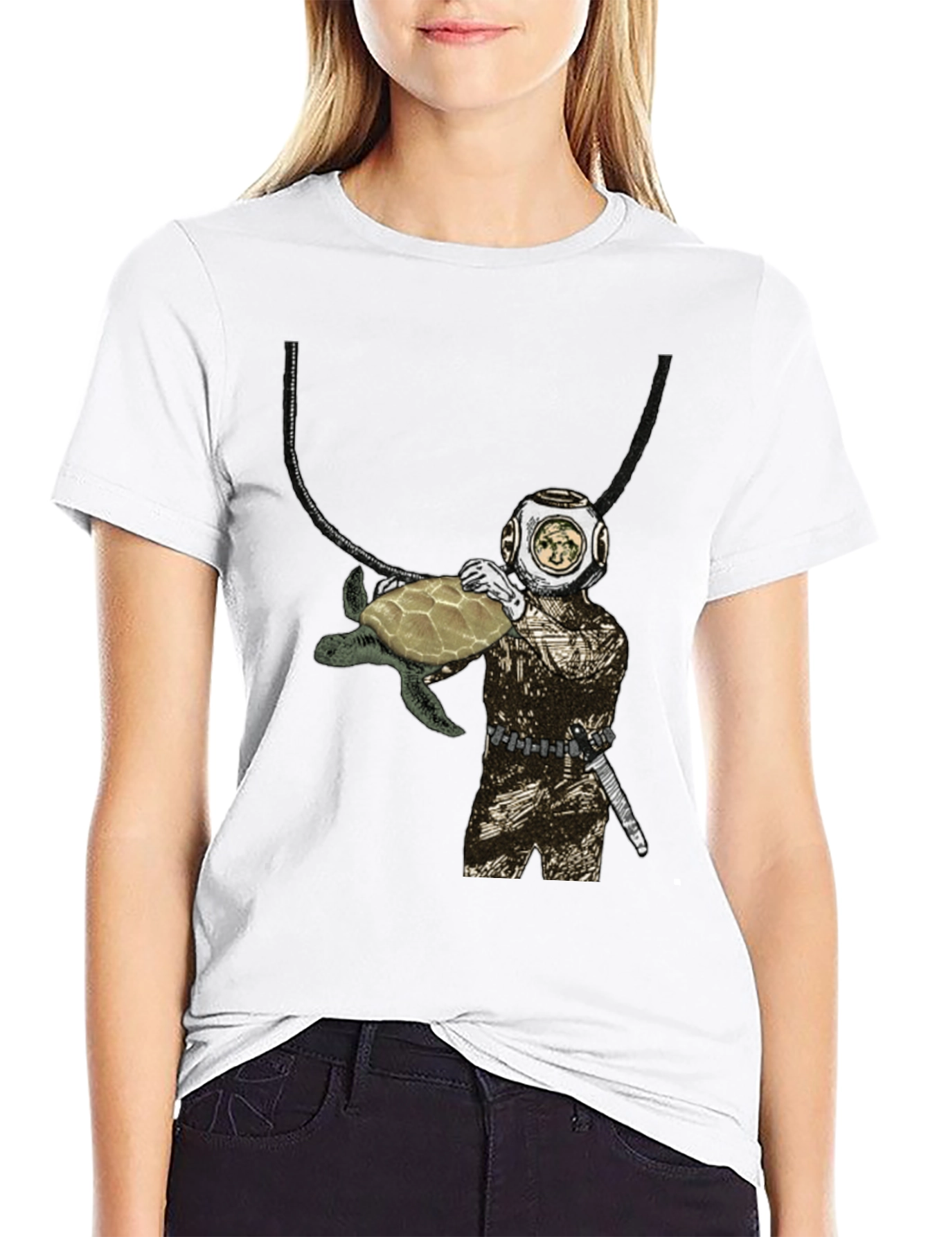 Diver and Turtle Graphic T-Shirt