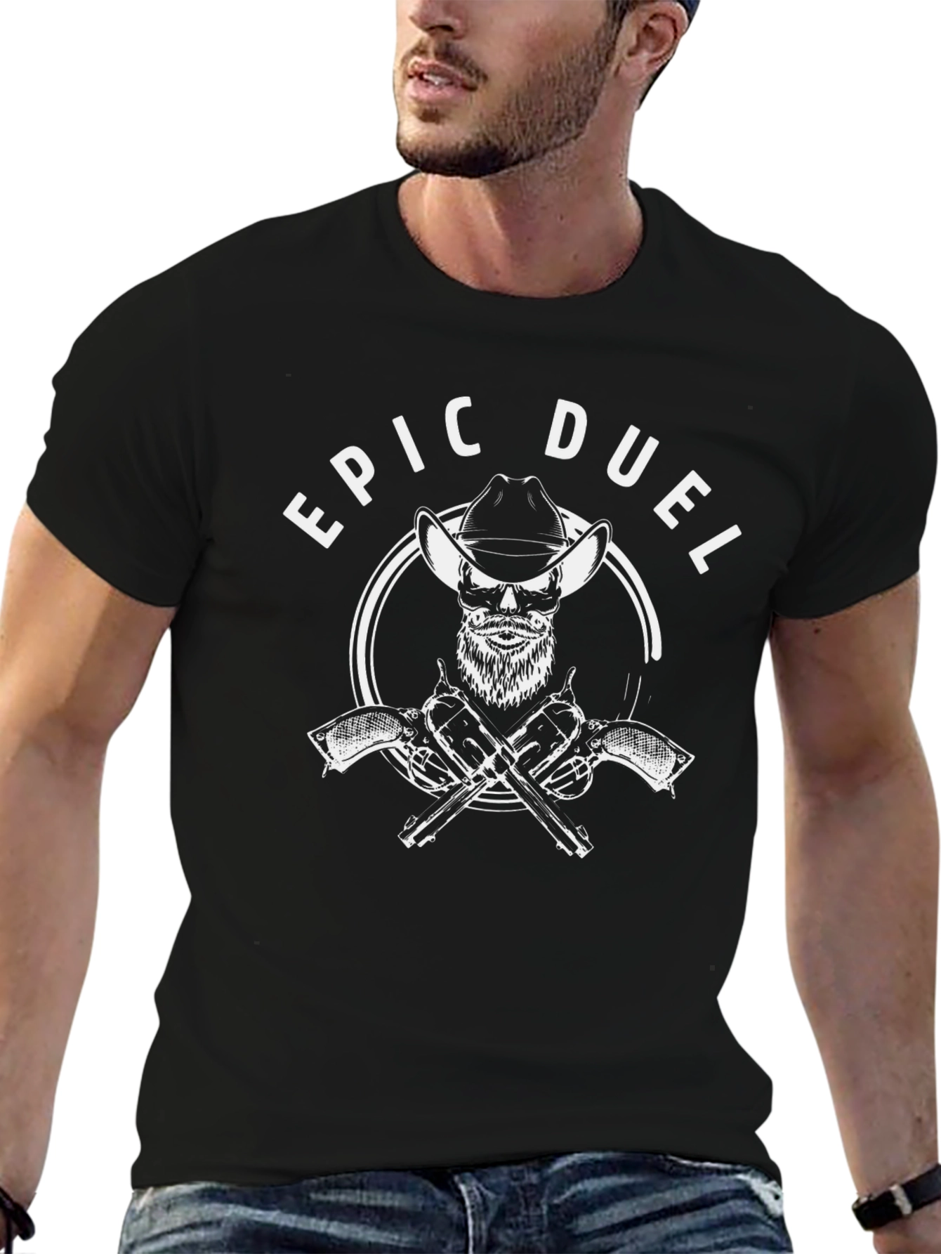 Epic Duel Graphic T-Shirt - Cowboy Skull Design
