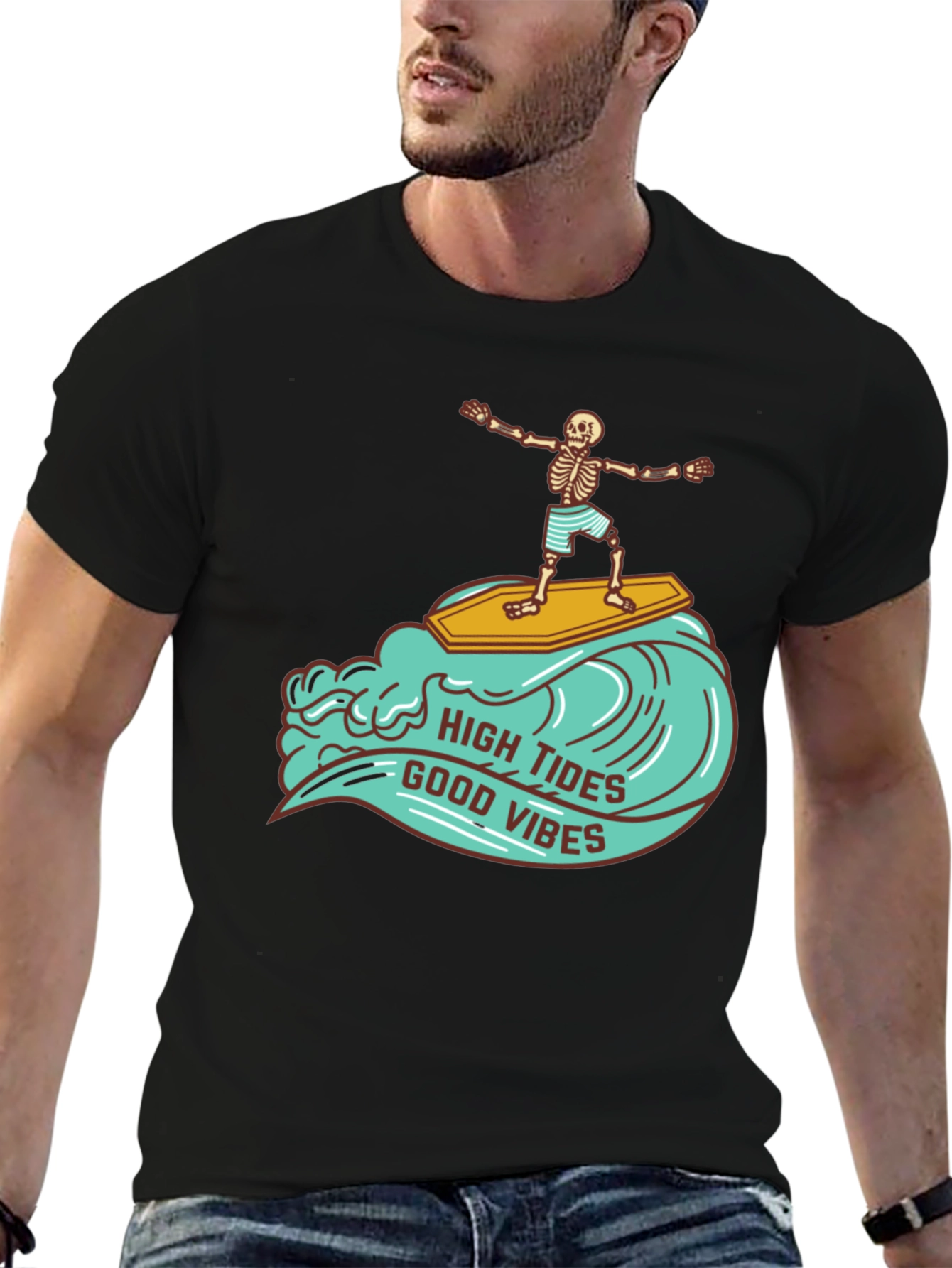 Skeleton Surfer T-Shirt - High Tides Good Vibes Tee