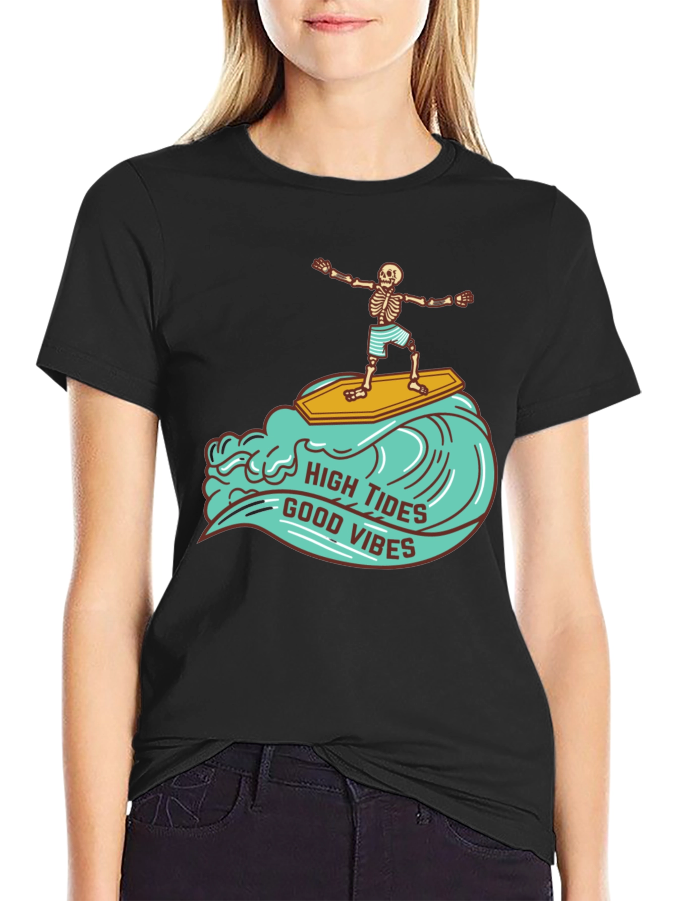 Skeleton Surfer T-Shirt - High Tides Good Vibes Tee