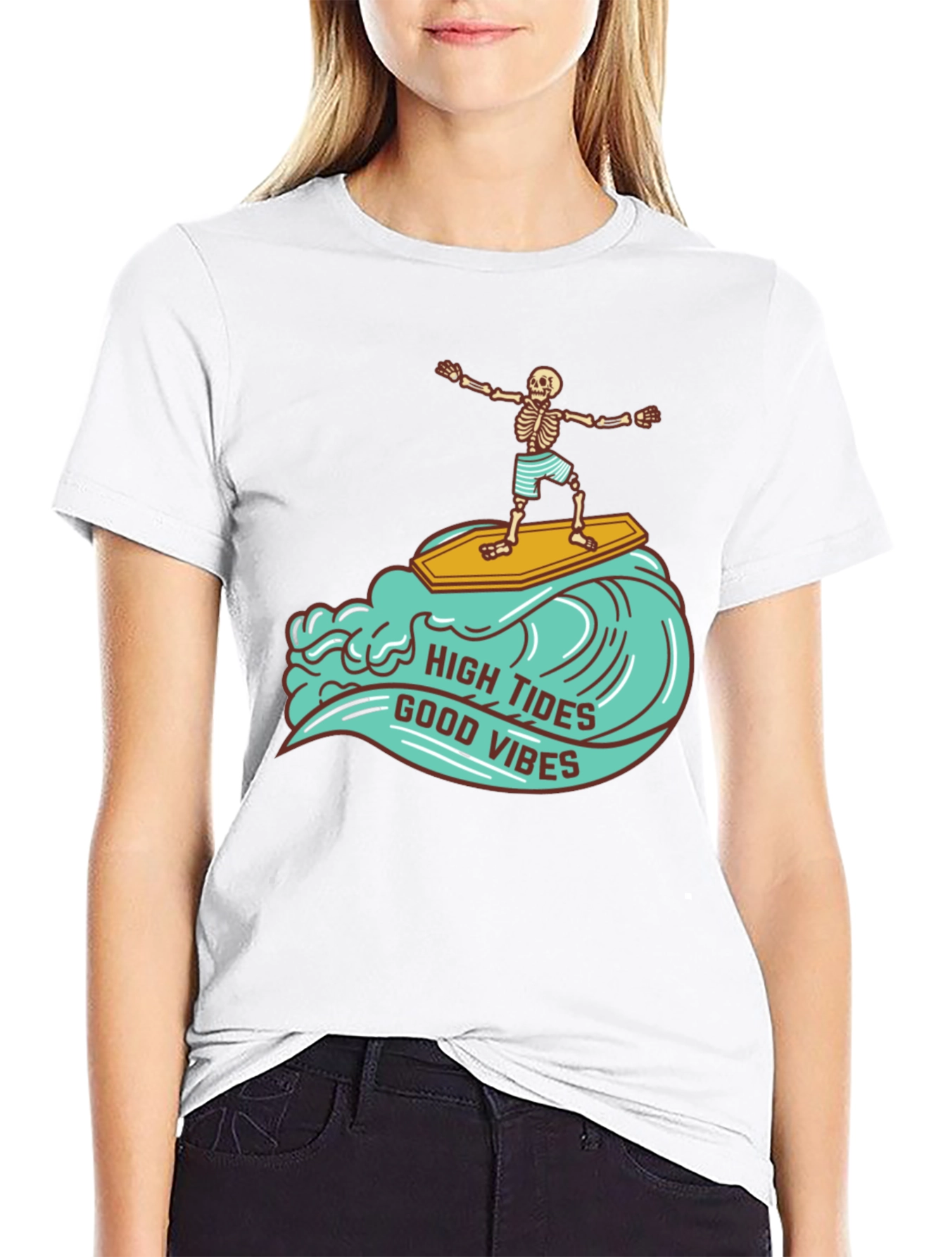 Skeleton Surfer T-Shirt - High Tides Good Vibes Tee