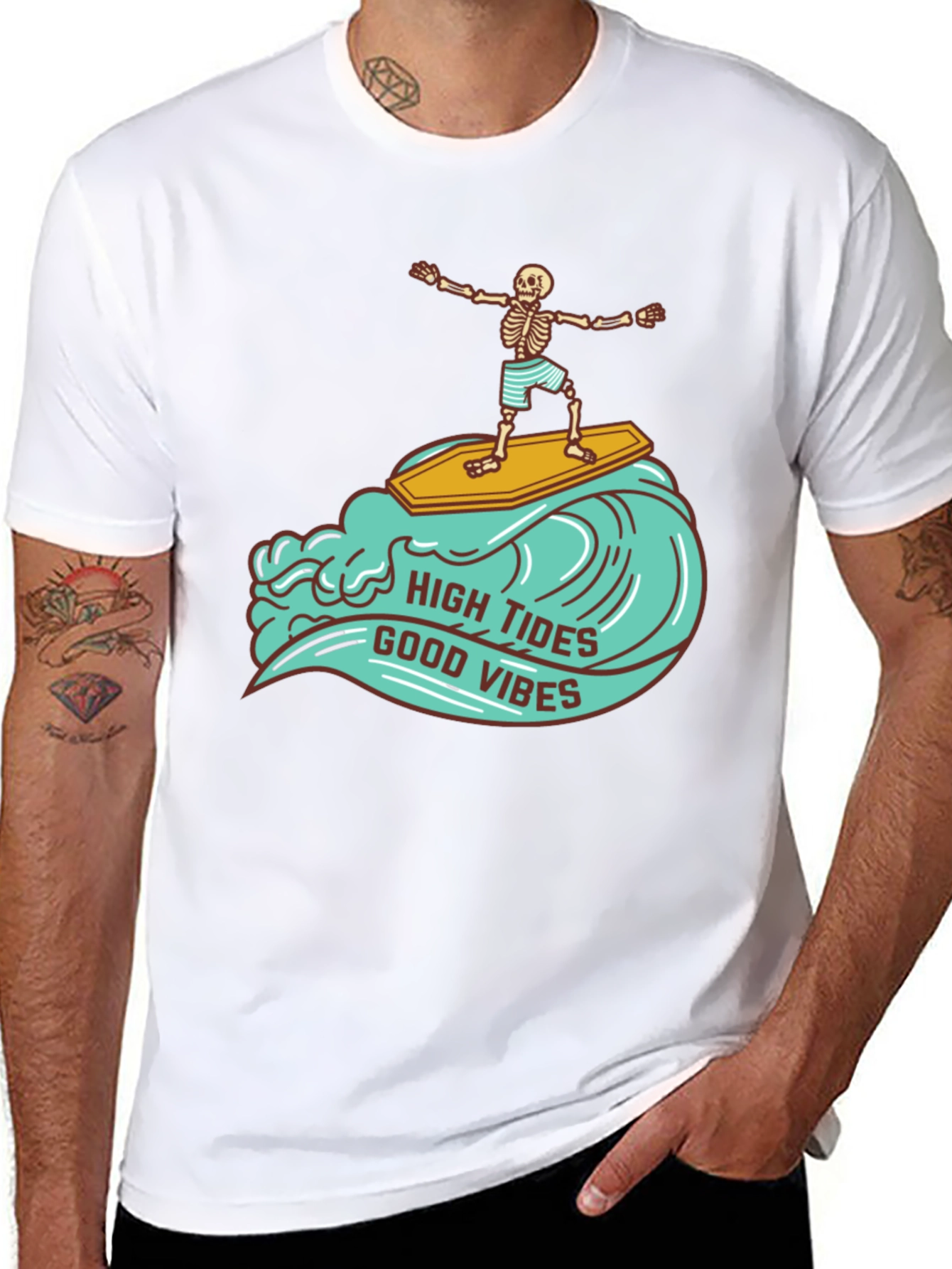 Skeleton Surfer T-Shirt - High Tides Good Vibes Tee