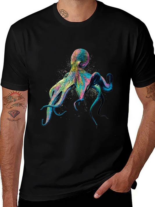 Colorful Octopus Graphic Print Black T-Shirt