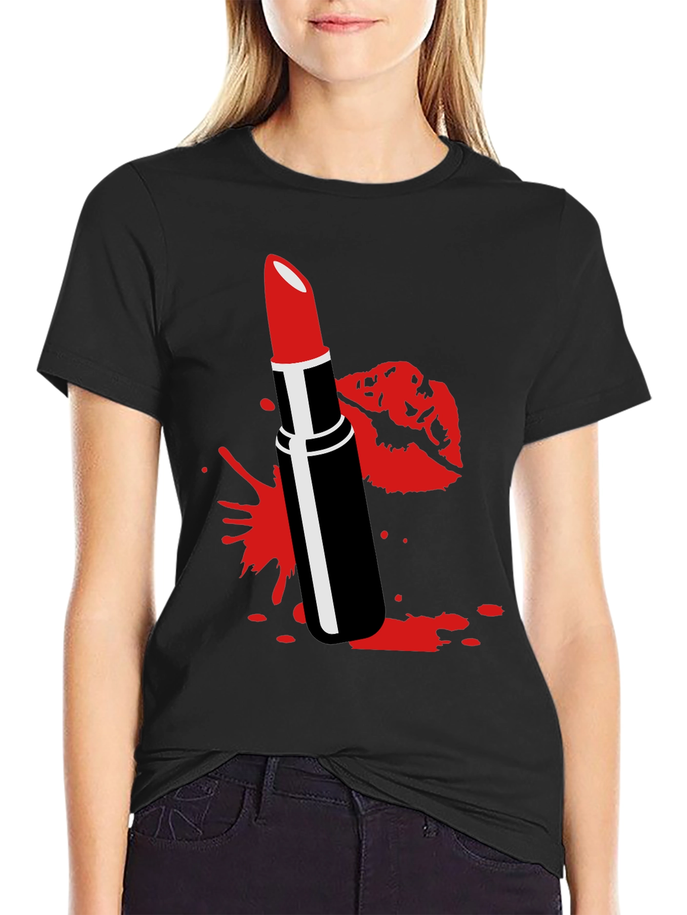 Red Lipstick Kiss Black Tee