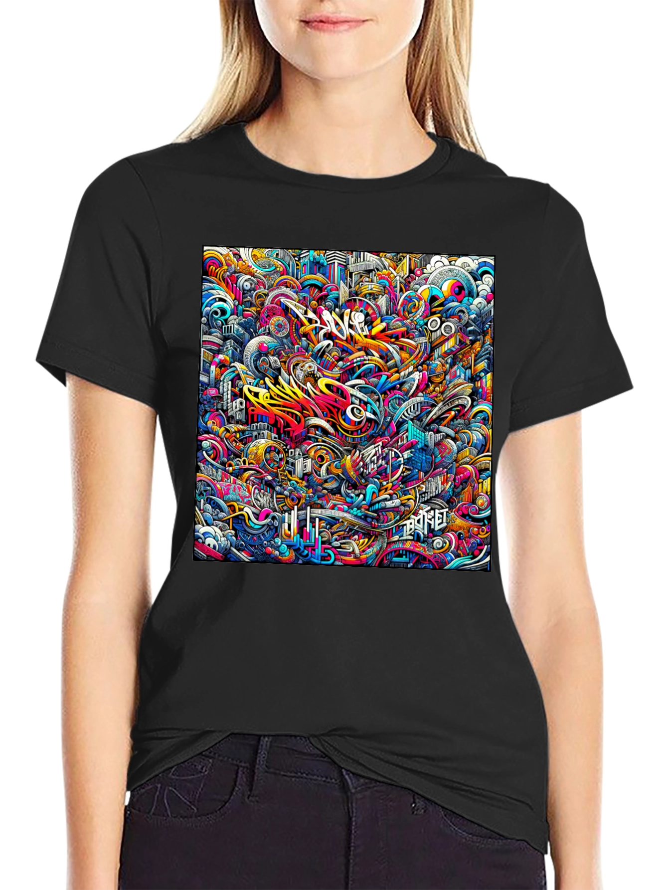 Vibrant Abstract Graffiti Art Print Black T-Shirt