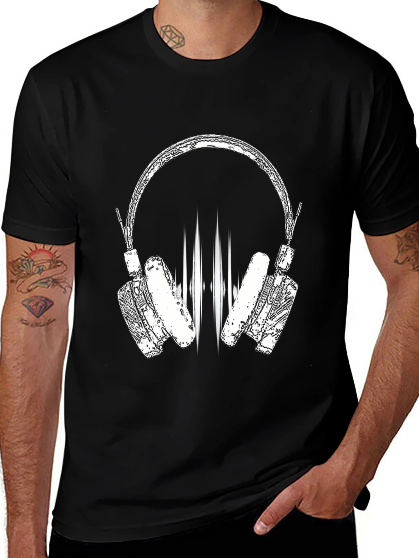 Cool Black Graphic Tee - Headphones Design