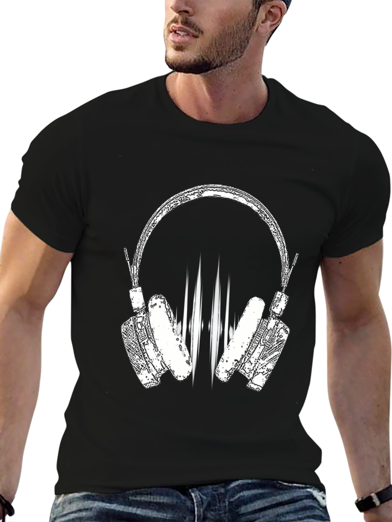 Cool Black Graphic Tee - Headphones Design