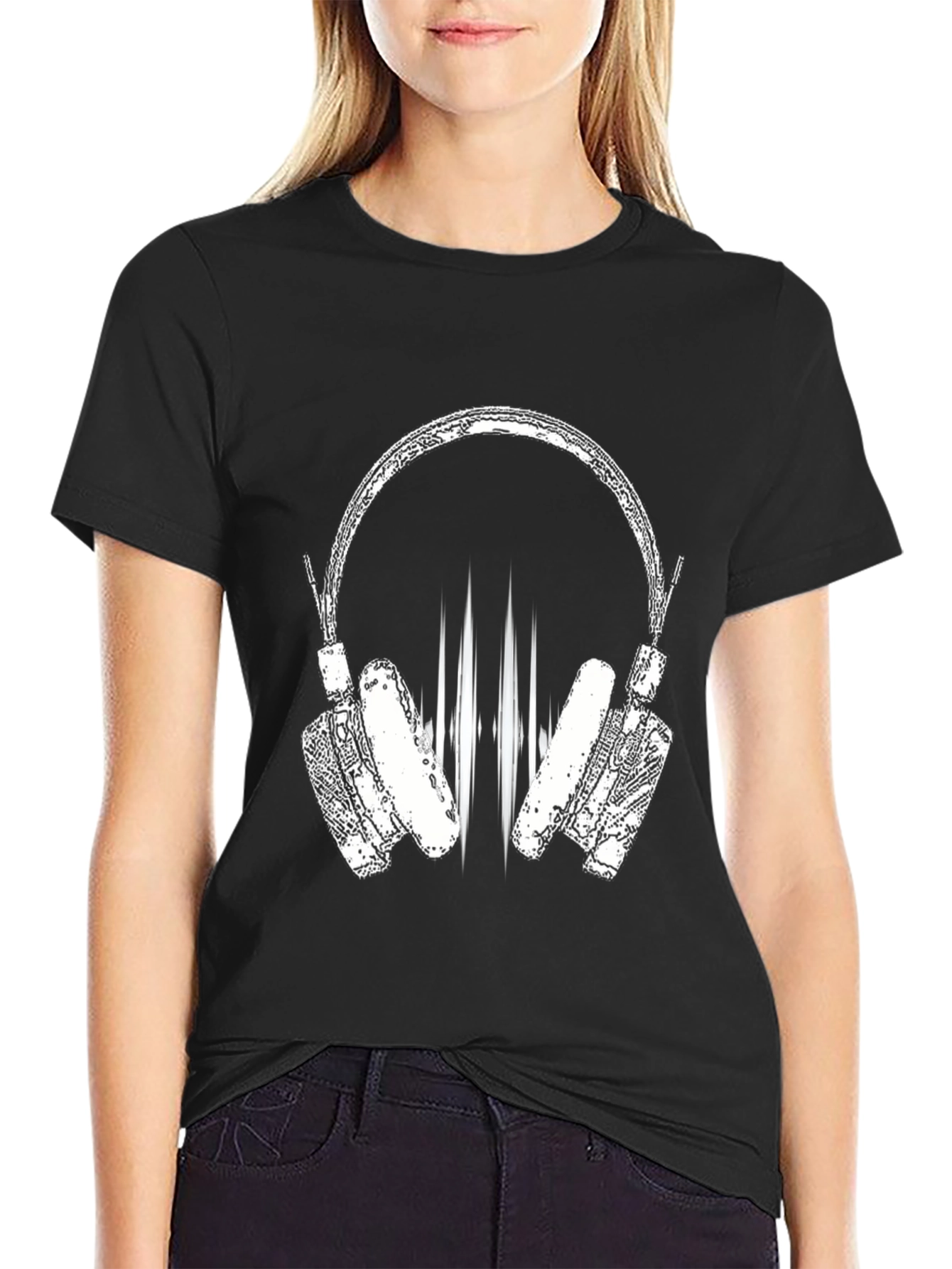 Cool Black Graphic Tee - Headphones Design