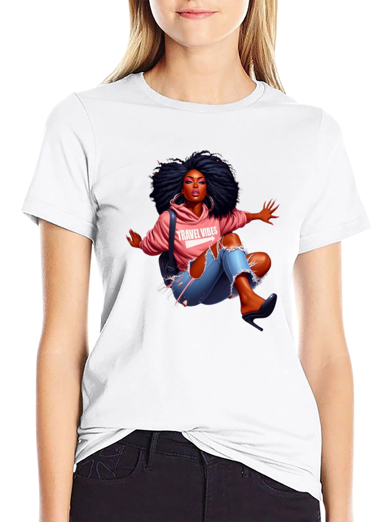 Afro Woman Travel Vibes Graphic Tee - Black