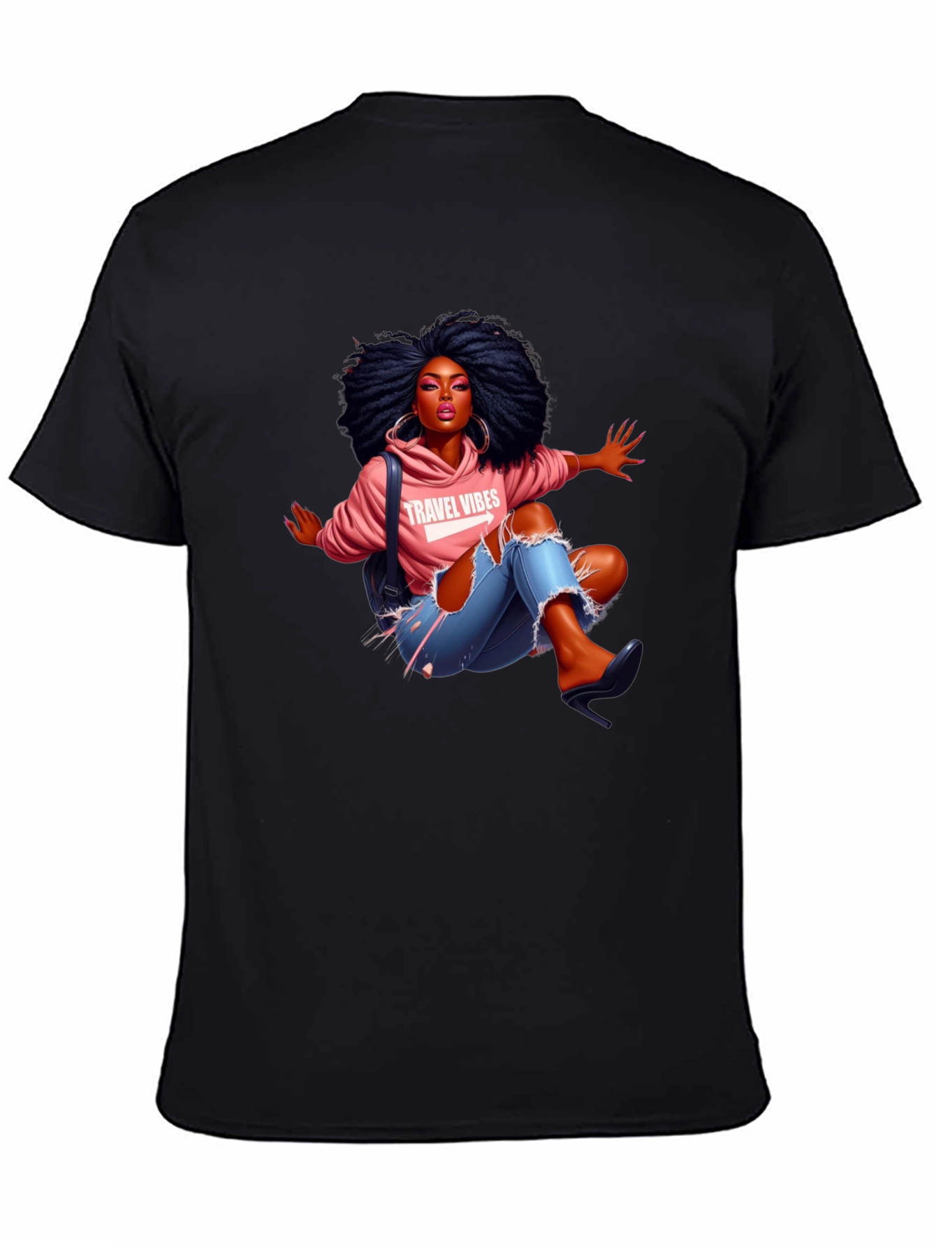 Afro Woman Travel Vibes Graphic Tee - Black