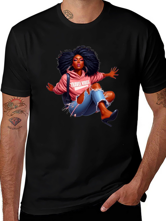 Afro Woman Travel Vibes Graphic Tee - Black