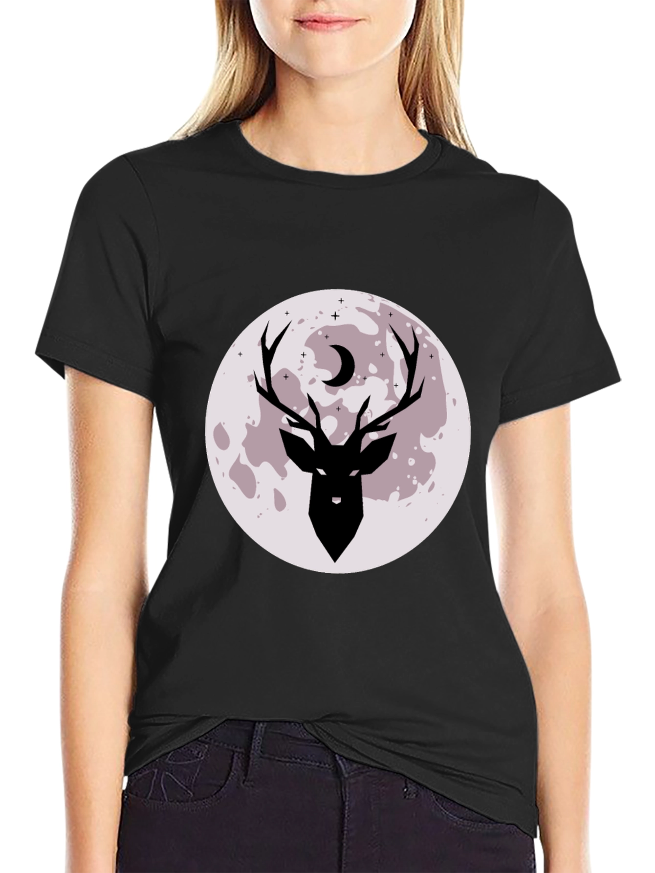 Mens Black Deer Moon Graphic Tee