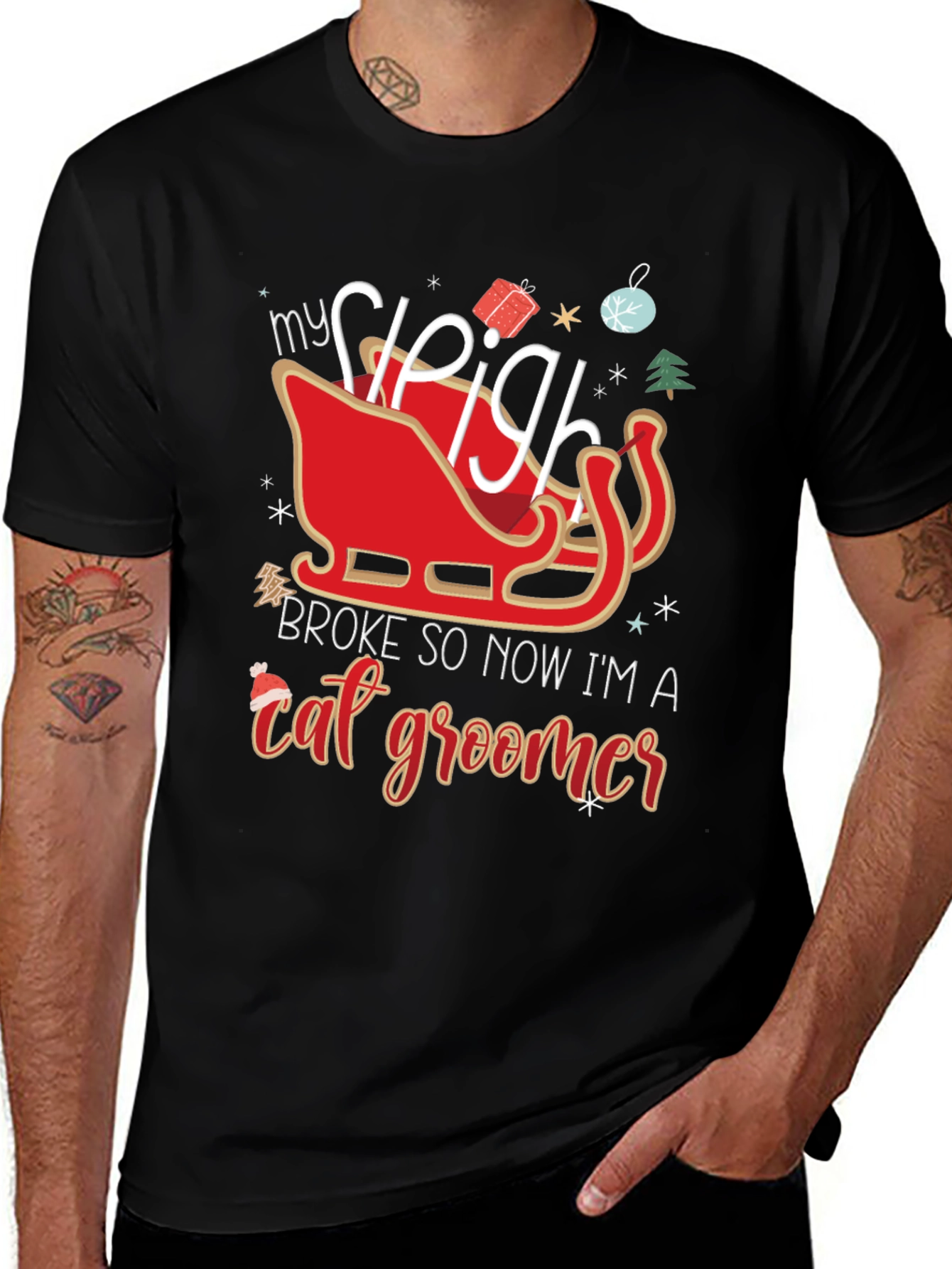Funny Christmas Sleigh Cat Groomer T-Shirt