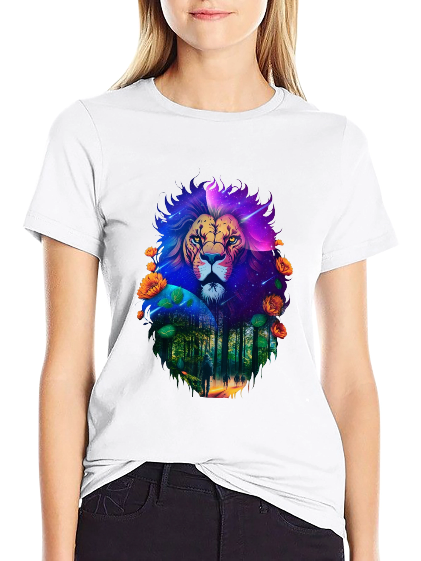 Lion Forest Galaxy Graphic Black T-Shirt