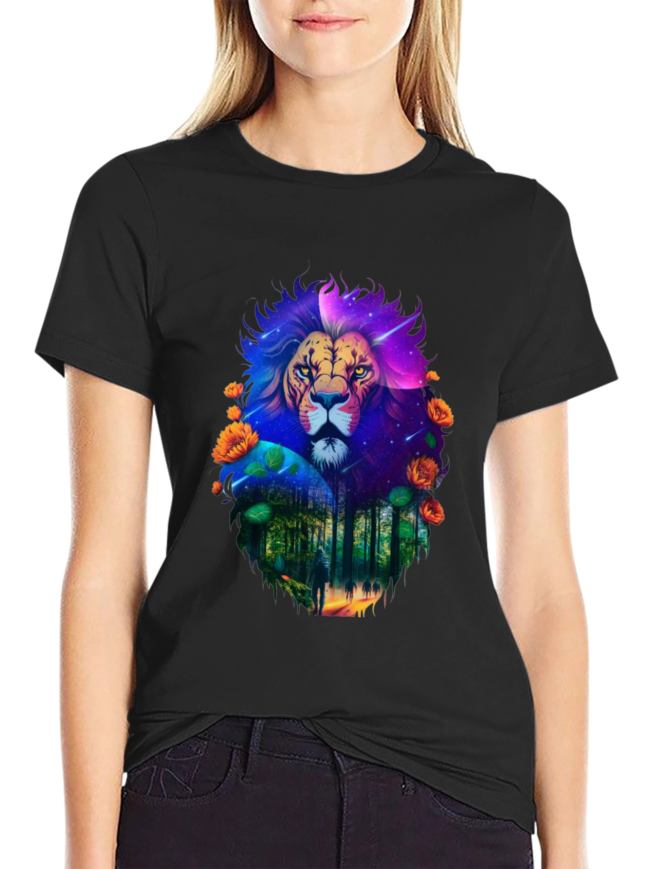 Lion Forest Galaxy Graphic Black T-Shirt