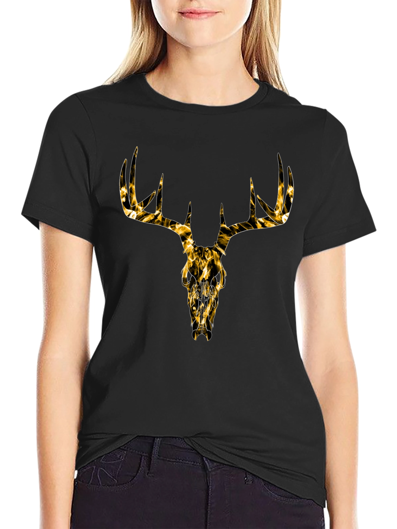 Mens Black T-Shirt with Gold Deer Skull Graphic