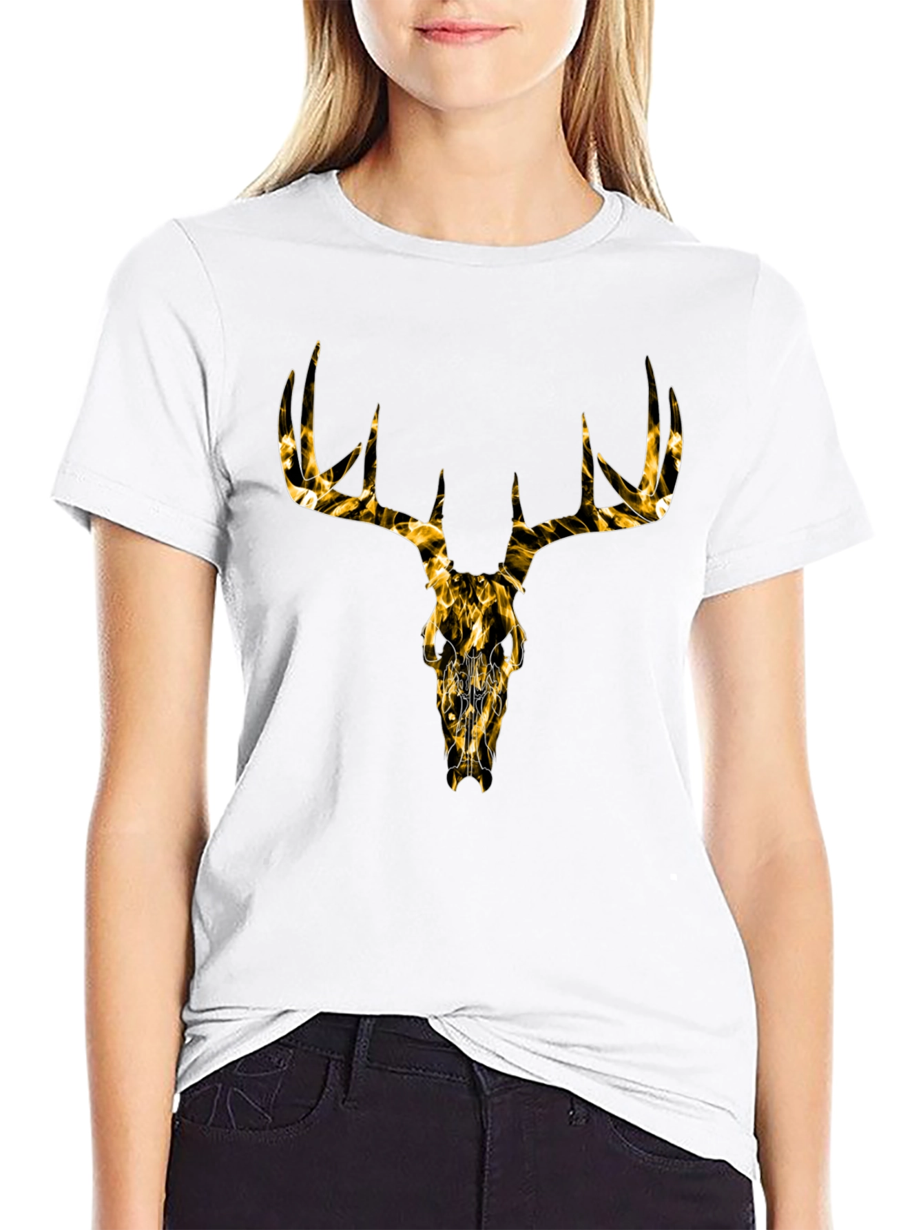Mens Black T-Shirt with Gold Deer Skull Graphic