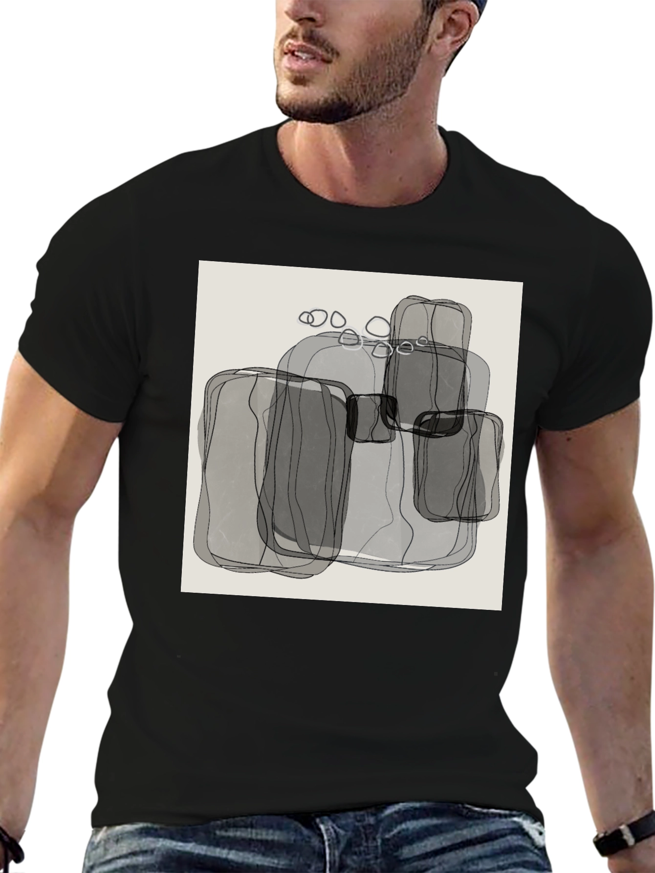 Abstract Gray Block Print Mens Black T-Shirt