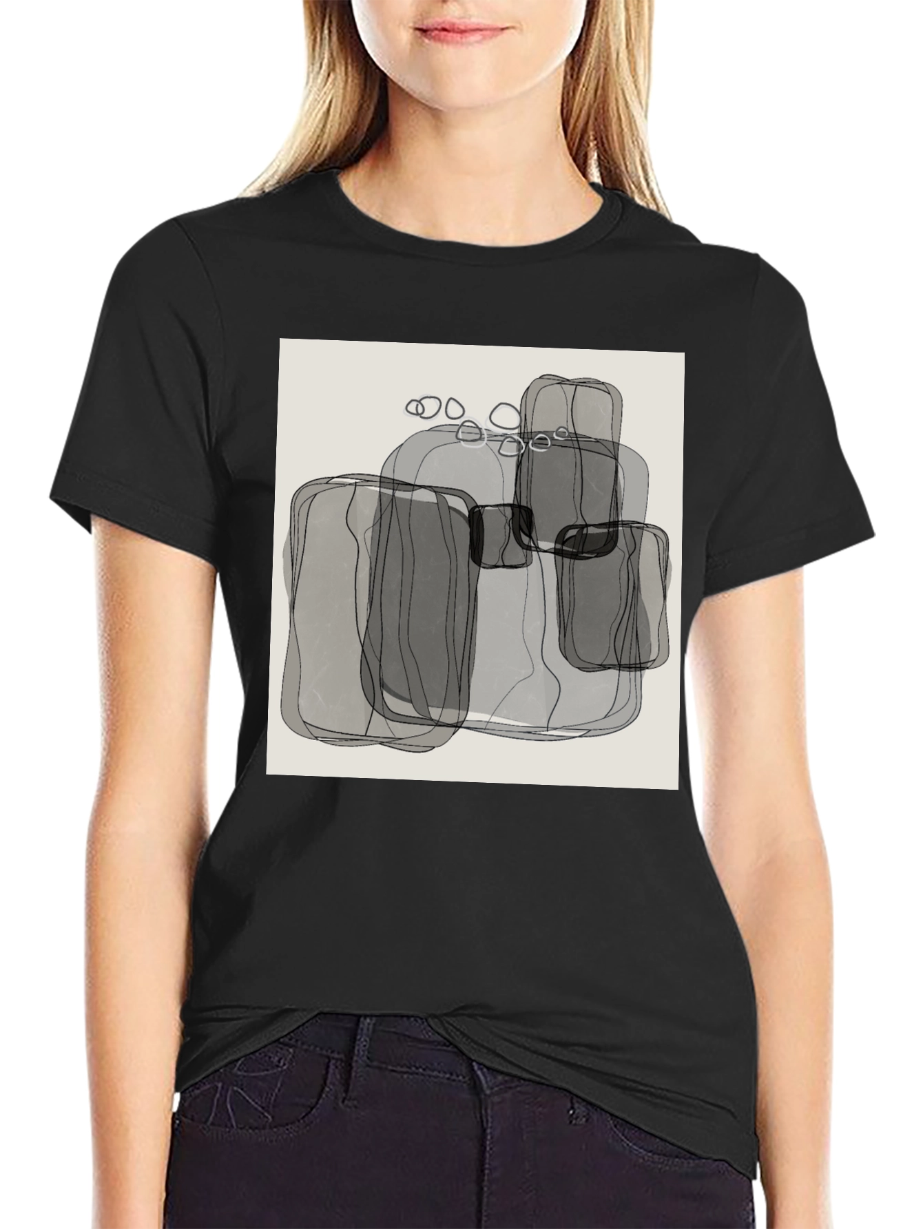 Abstract Gray Block Print Mens Black T-Shirt