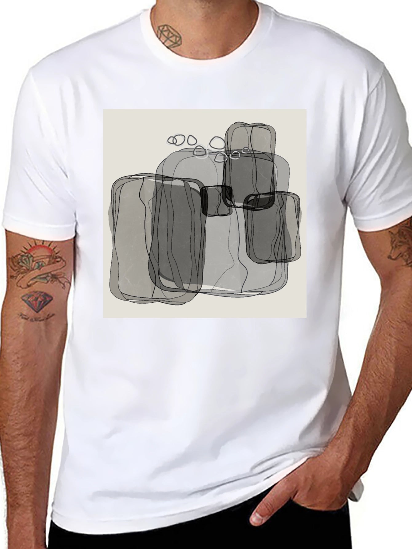 Abstract Gray Block Print Mens Black T-Shirt