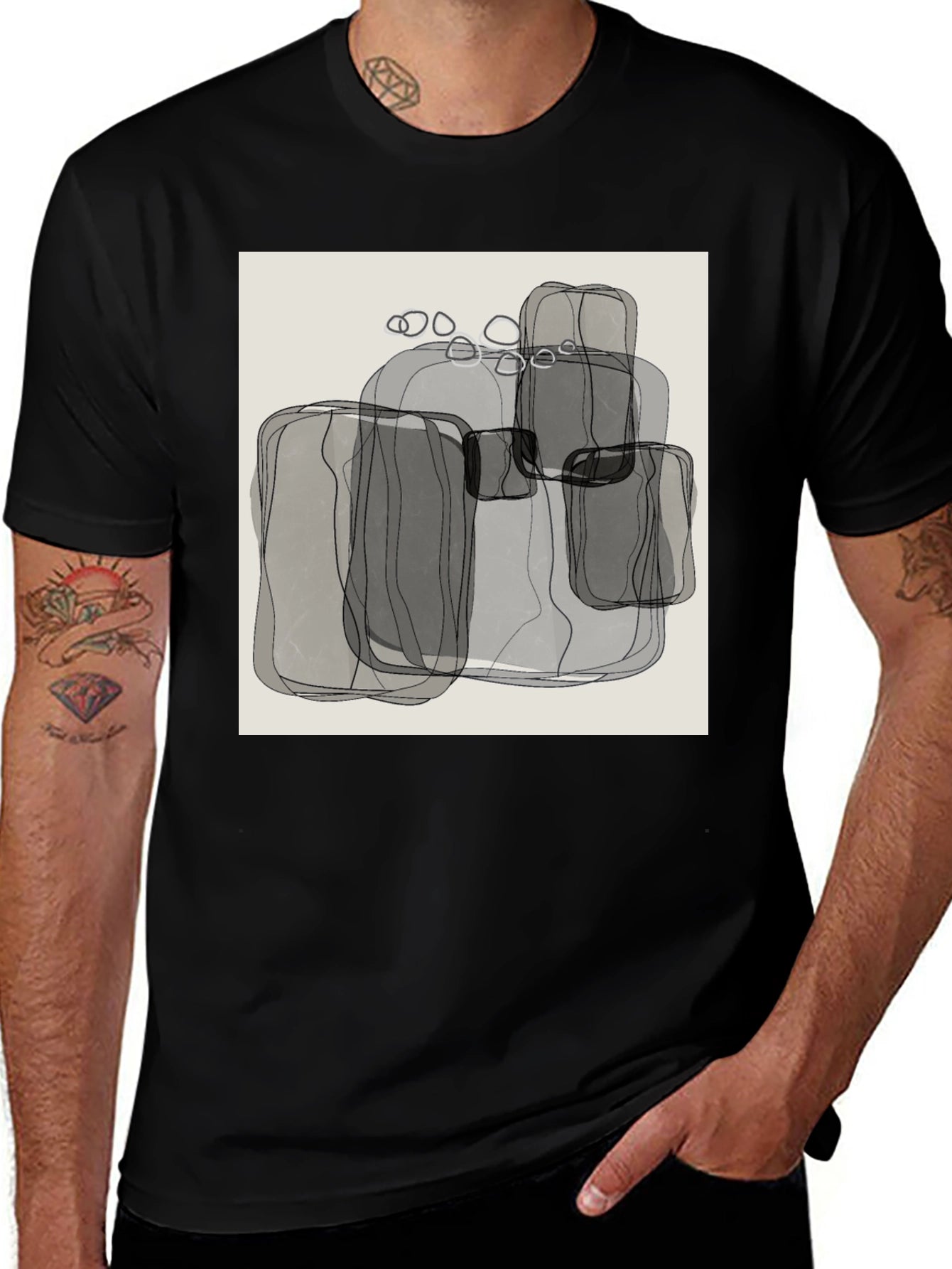Abstract Gray Block Print Mens Black T-Shirt