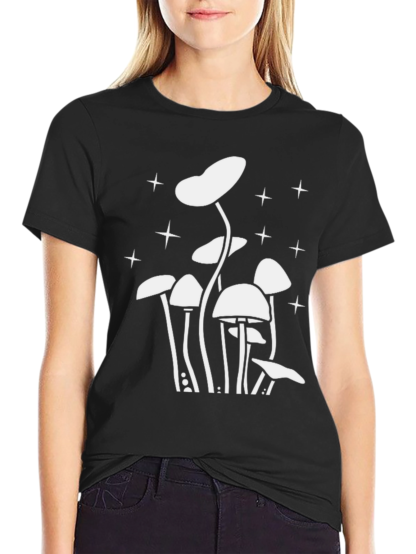 Mushroom Starry Night Graphic Tee - Black