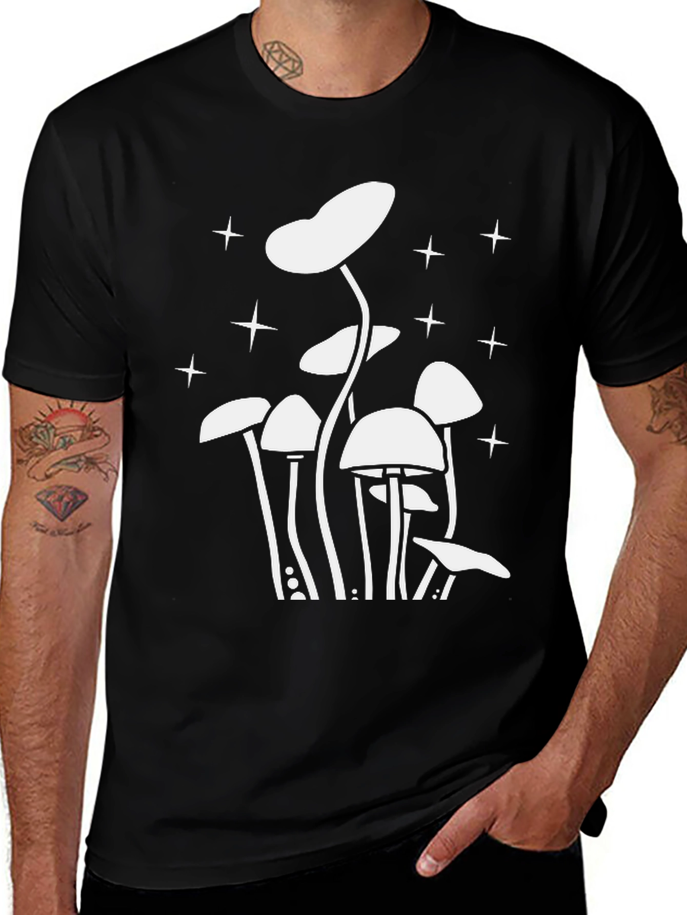 Mushroom Starry Night Graphic Tee - Black