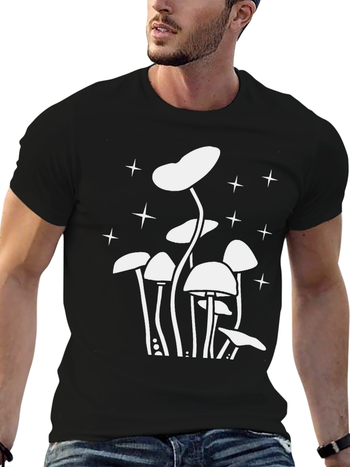 Mushroom Starry Night Graphic Tee - Black